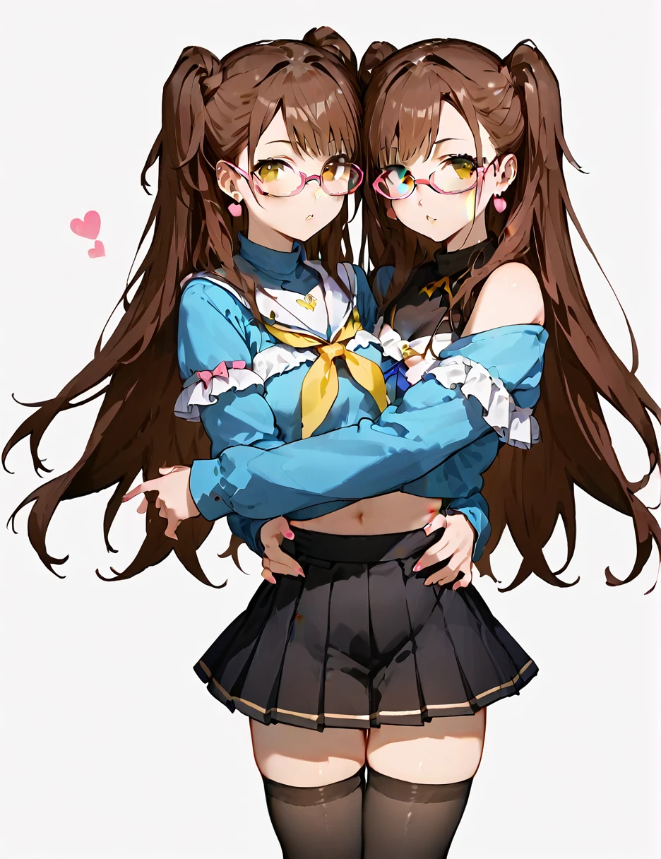 score_9, score_8_up, source_anime, Kujikawa Rise, long hair, skirt, brown hair, thighhighs, long sleeves, twintails, brown eyes, blue crop top, off shoulder, frills, pleated skirt, black skirt, earrings, glasses, pink frame eyewear, black thighhighs, yellow neckerchief, (two torsos:1.3), 2girls, holding waist,