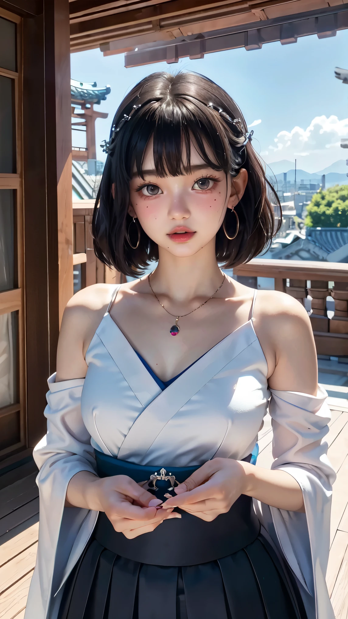 be shy、Photorealsitic, hight resolution, 1 girl, Korea person, Heterochromia eyes, small moles under eyes,(is crying), solo, jewely, Detached sleeve, a necklace, blue-beaded earring, Hakama skirt
Yunafx、
超A high resolution、a picture、Photorealsitic、ighly detailed、A detailed face、Cute Woman Solo、Castle balcony、
medium breasts⁩、(​masterpiece、hightquality)、looking at the viewers、gorgeous goddess、bob cuts、shinny skin、
Charming and、Charming and、dream-like、Royal cloak、((thick bangs))、