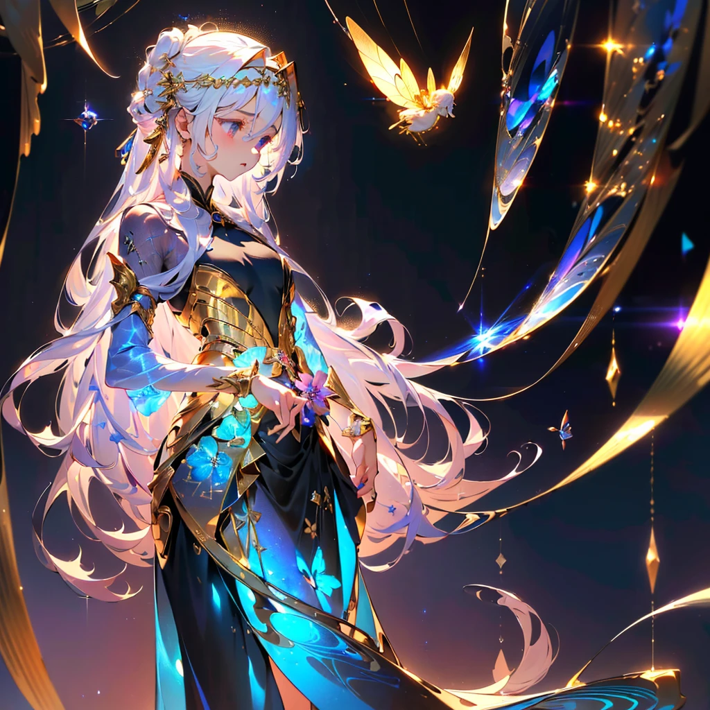 1girl,(((Perfect Anatomy、Best Quality、Masterpiece、The best composition、Golden Ratio、Super detailed、High definition、)))、laser
leishe、Fairy、Small wings growing from its waist、hologram、Milky white hair color、Shiny straight long hair、🌸、🌸、Beautiful diamond-like shine、asian dress、Goth Kimono、