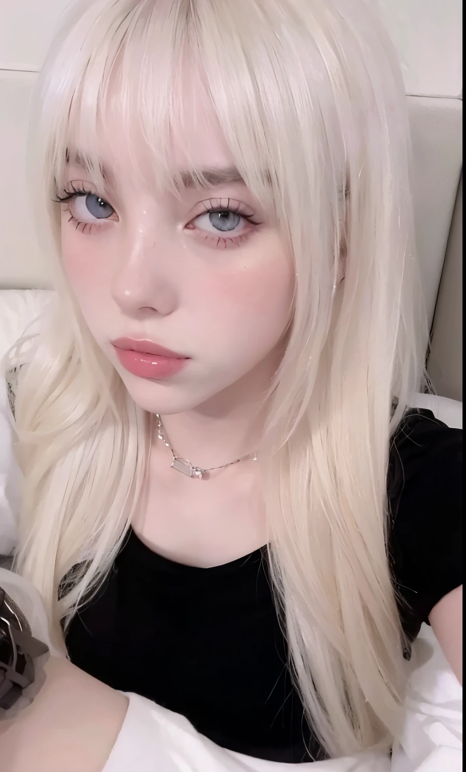 blond haired woman with a choke and choker posing for a picture, belle delphine, lalisa manobal, shikamimi, anime girl in real life, ava max, ahegao face, ahegao, white bangs, misa amane *, her hair is white, misa amane, her face looks like an orchid, white hime cut hairstyle