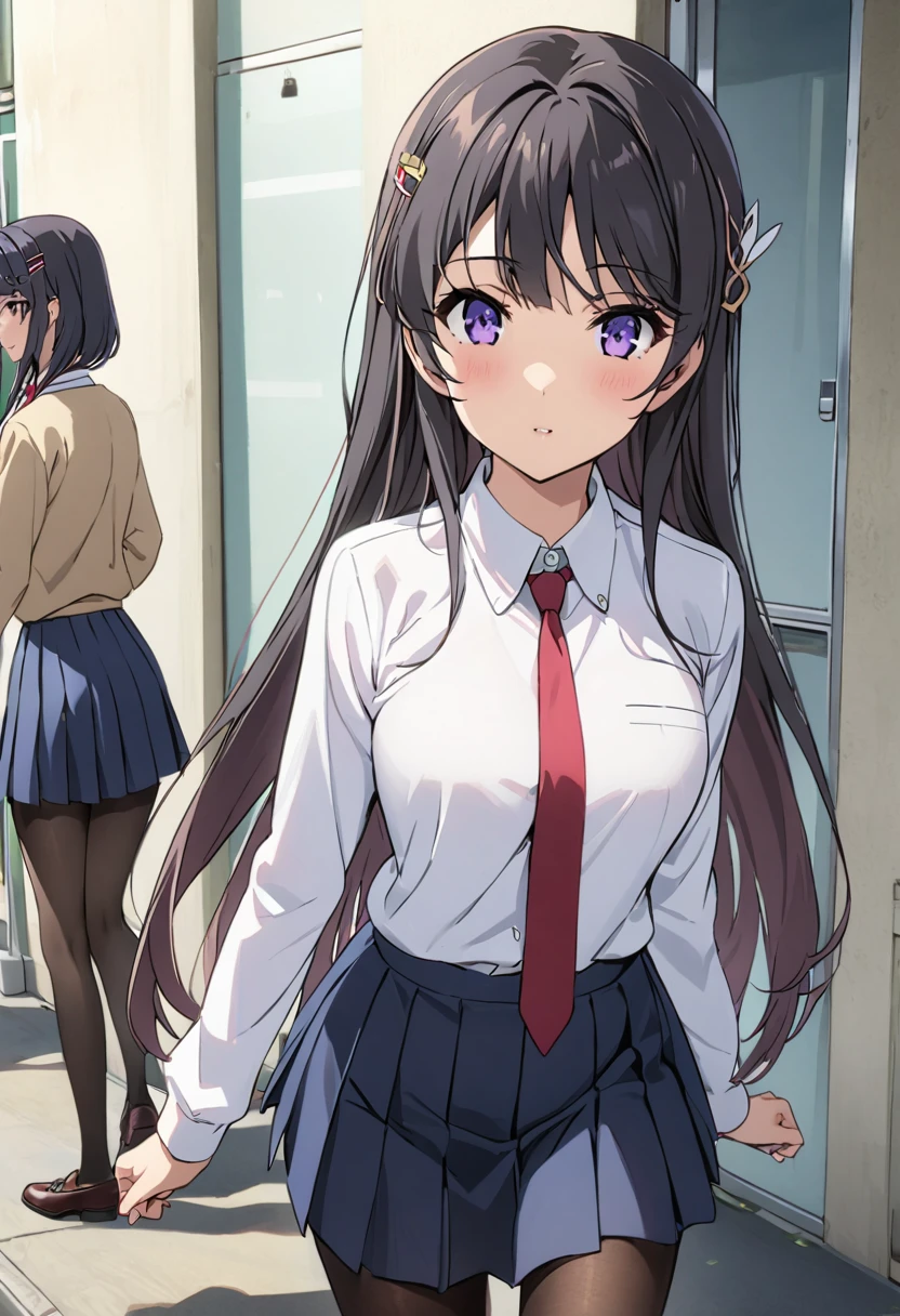 Mai Sakurajima、Long Hair、bangs、Black Hair、Hair accessories、Purple Eyes、Hair Clip、ウサギのHair accessories、skirt、shirt、Student Uniform、白shirt、Long sleeve、pantyhose、プリーツskirt、襟付きshirt、青いskirt、黒pantyhose、Red tie、