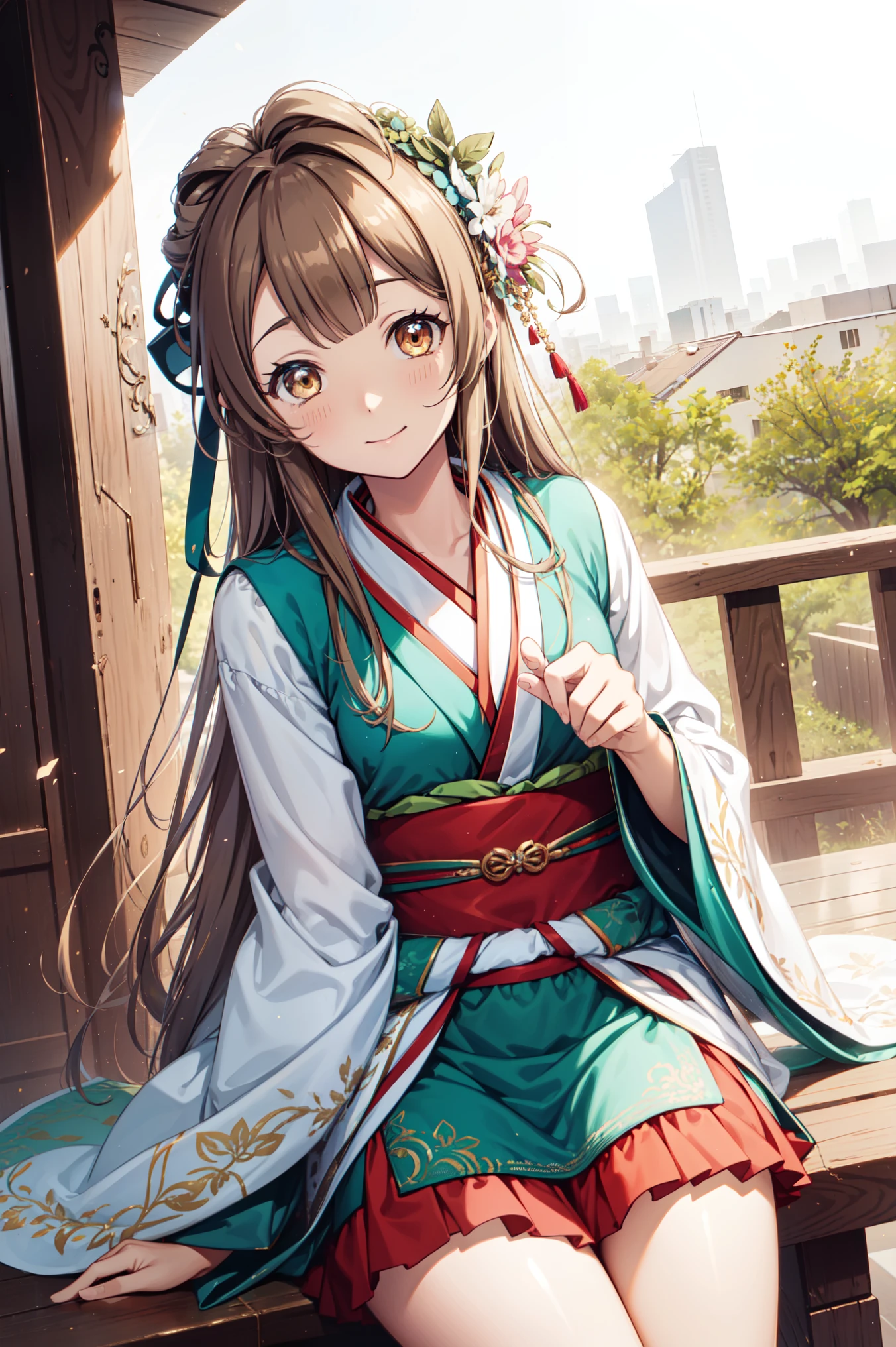 Minami Kotori，High-resolution masterpiece quality, Unity 8k wallpaper illustration, Golden Eyes，Brown hair，Fabric headdress, Rich facial details, Highly detailed CG,  Light makeup,Lace，charm，Hanfu，Reasonable human body