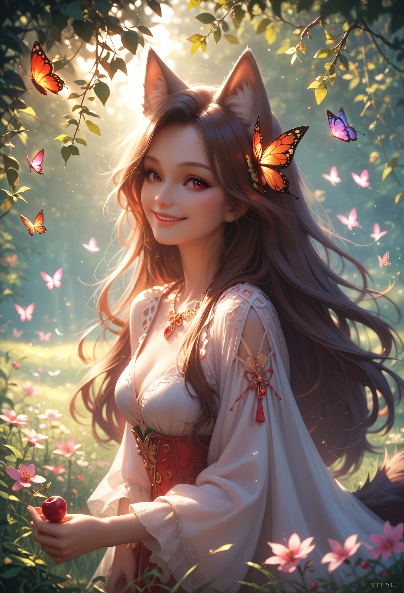 masterpiece,best quality, 1 girl, One, slight smile, slight smile, cherry, sunlight is spotty, butterfly, Grass animal ears,WOLF EARS,long hair, tail, wolf tail, Red eyes, Wolf Girl,brown hair,,  