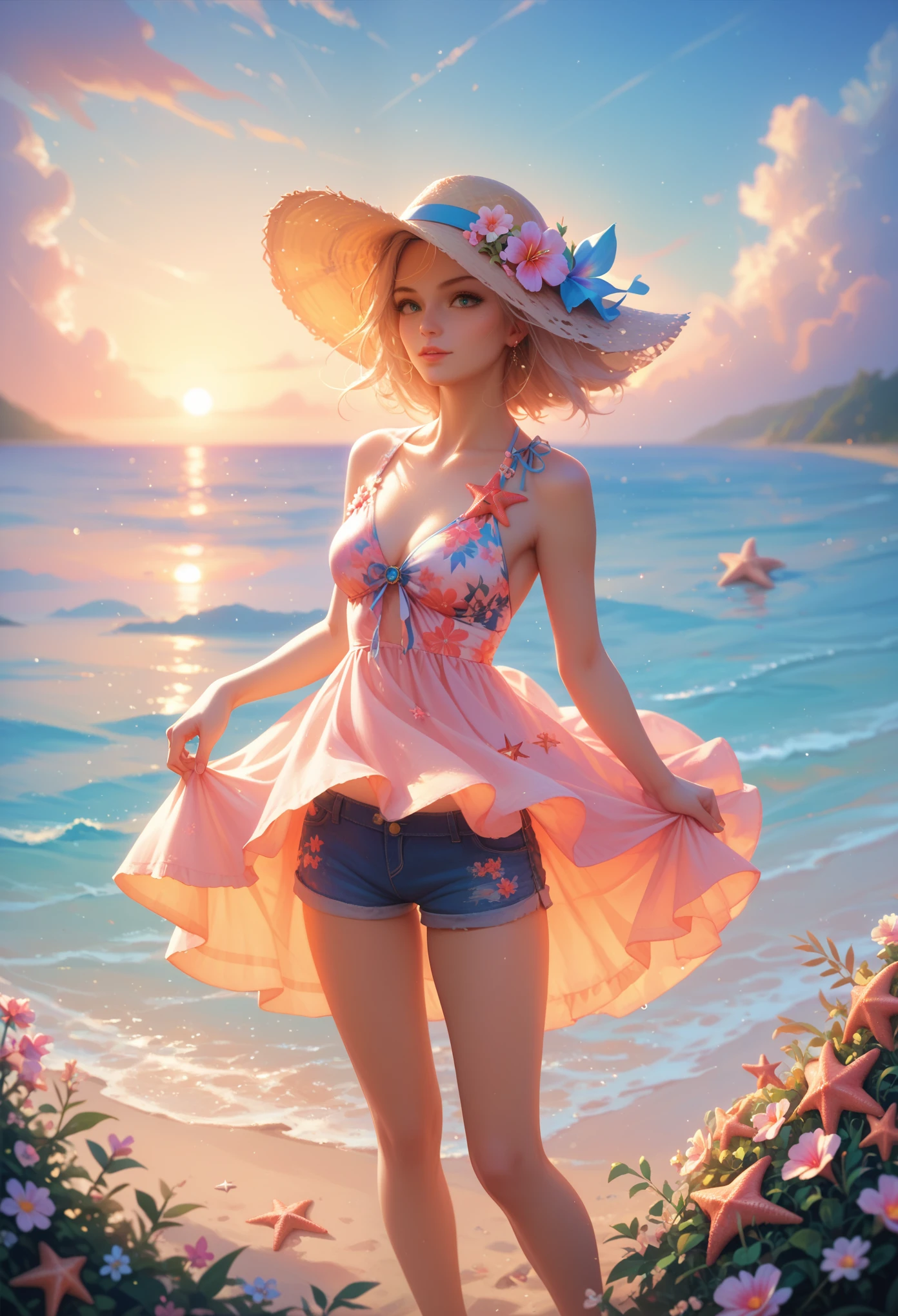 (masterpiece:1.2), (best quality:1.3), small_Sunset, 1 girl, standing, straw_has, swimsuit, dress, shorts, flower, starfish, 