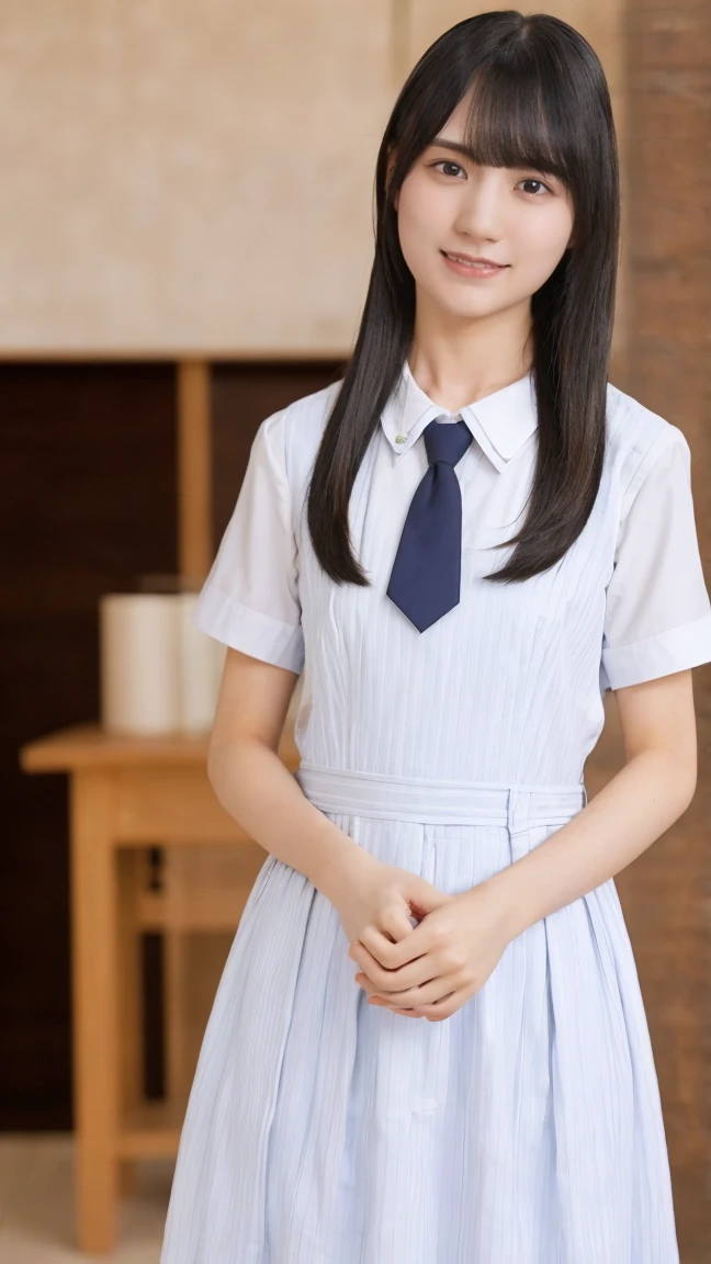 One Girl,White one piece outfit,Navy blue vest,tie,(RAW Photos, Best Quality),classroom,(rough up hairstyle hair:1.3),,(Realistic, photo-Realistic:1.2), ,((14years old):1.6),(Petite body:1.1),(low length:1.2),masterpiece,Young ,Very delicate and beautiful, 非常にdetailed, 2k, wonderful, detailed, 非常にdetailed 8k , 非常にdetailed, High resolution, Moody lighting, 美しいdetailedな***, 非常にdetailedな顔, Beautiful and detailed nose, Attention to beautiful details,whole body,Perfect Anatomy,Slender body,(Long hair with bangs),,whole bodyのポートレート,