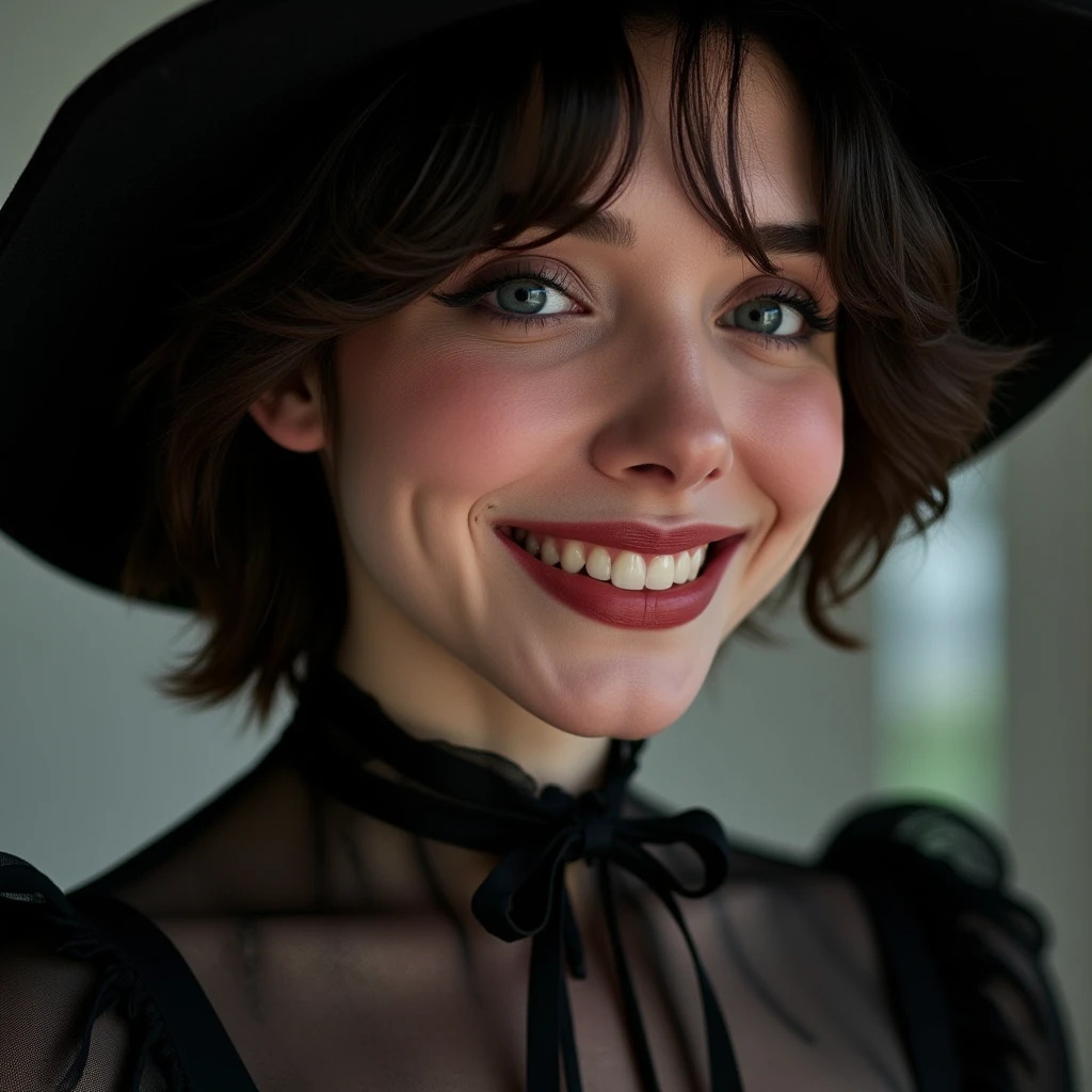 Close up Portrait of Beth, masterpiece, best quality, vibrant smile, cinematic, depth of field, amateur photography, as a dark witch, fantasy, looking away, face focus