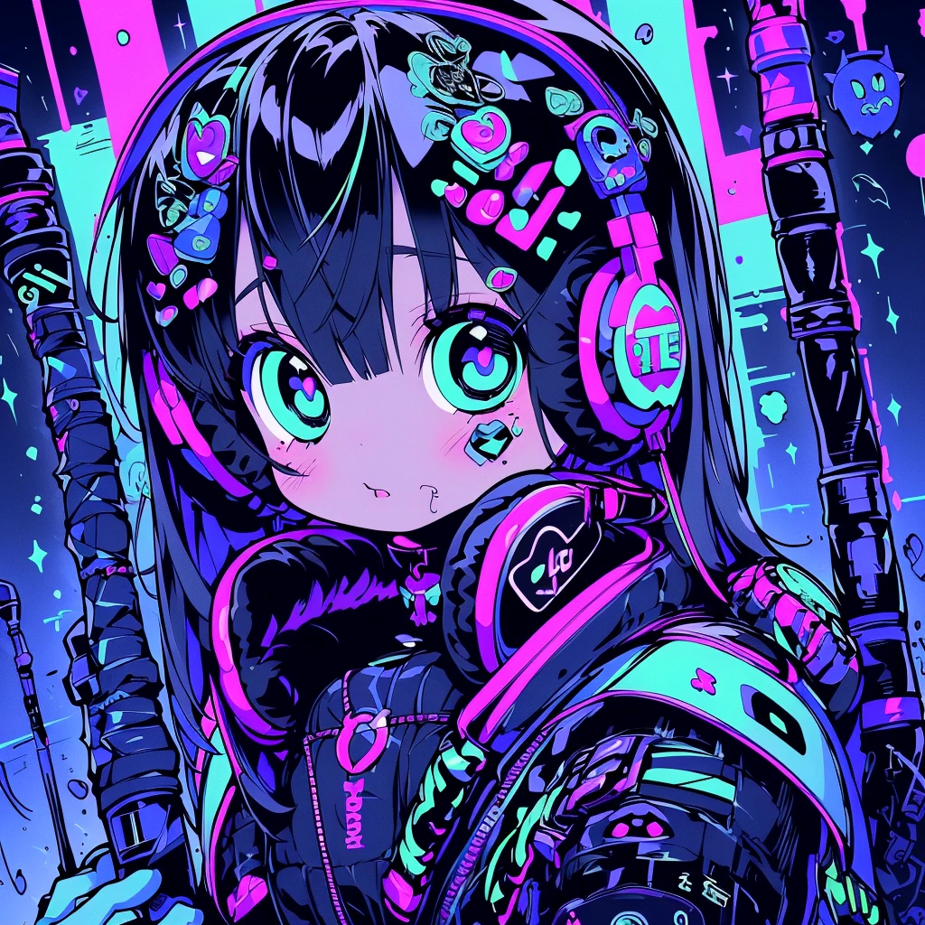 1girl,(((Best Quality、Masterpiece、Perfect Anatomy、Super detailed、High definition、)))、(top-quality)、Cyber Rock Punk Anime Girl,Black-haired,Droopy eyes,Half up,Neon Color Palette, Cyan and royal blue、headphone、