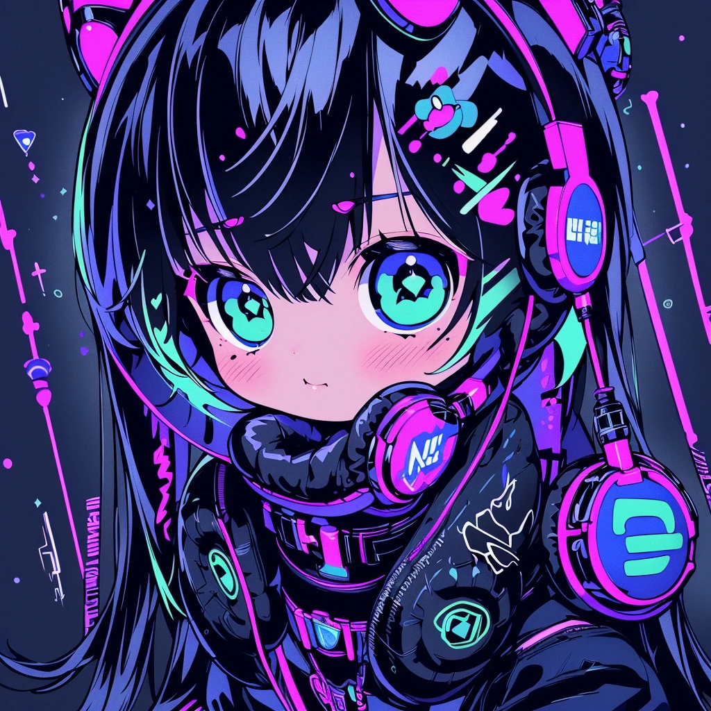 1girl,(((Best Quality、Masterpiece、Perfect Anatomy、Super detailed、High definition、)))、(top-quality)、Cyber Rock Punk Anime Girl,Black-haired,Droopy eyes,Half up,Neon Color Palette, Cyan and royal blue、headphone、