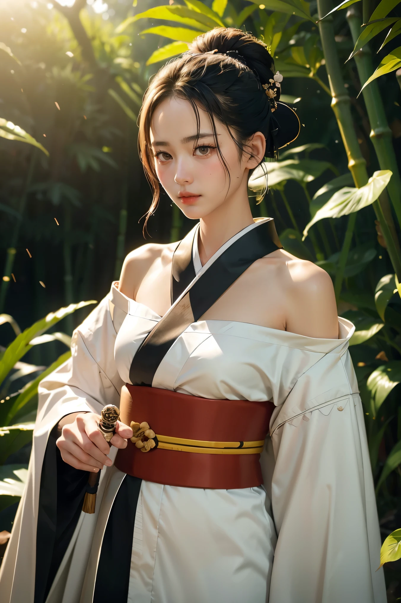 Raw photo of one female samurai, standing in a fighting stance, with a sword drawn from a scabbard in her hands, ready for battle, in full samurai attire (kimono) (wind in a bamboo forest), (the wind lifted the leaves up), a cut on her shoulder ( high skin detail: 1.2), 8k uhd, SLR camera, soft lighting, high quality, film grain, Fujifilm XT3