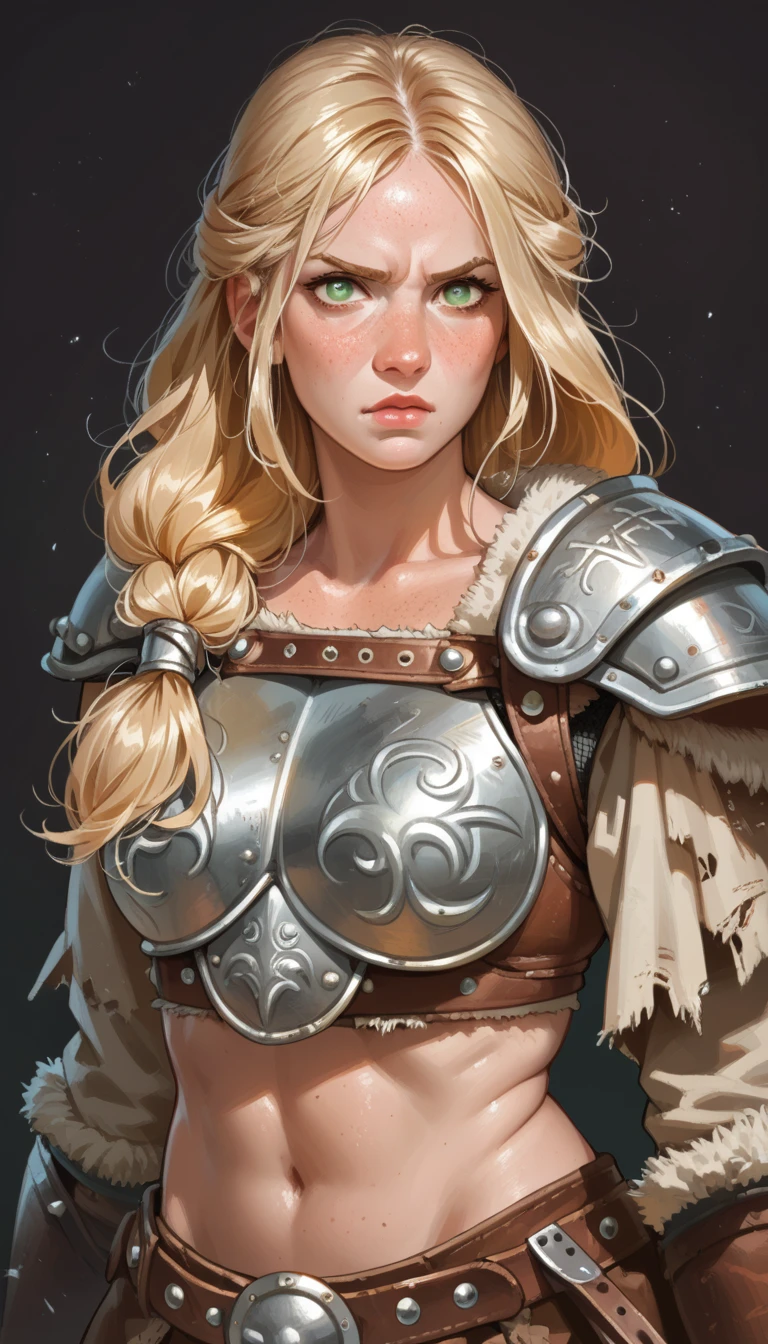 cartoon of a viking girl, green eyes, expression of anger, freckles, blonde hair, sexy leather armor, simple dark background