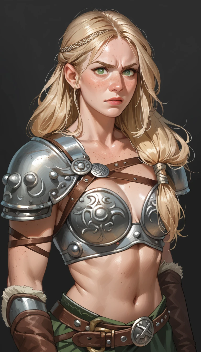 cartoon of a viking girl, green eyes, expression of anger, freckles, blonde hair, sexy leather armor, simple dark background