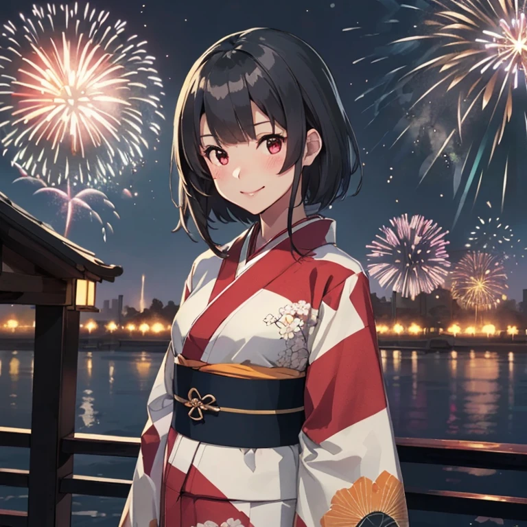 takao \(kancolle\),black hair,red eyes,short hair,
,(masterpiece:1.4),(best quality:1.4), (premium:1.4), (great illustration:1.4), (ultra-detailed:1.4),(art CG, 8K),1girl solo,KonishiCSA,blush,smile,full body, 
(Fireworks:1.4),(kimono:1.4),
