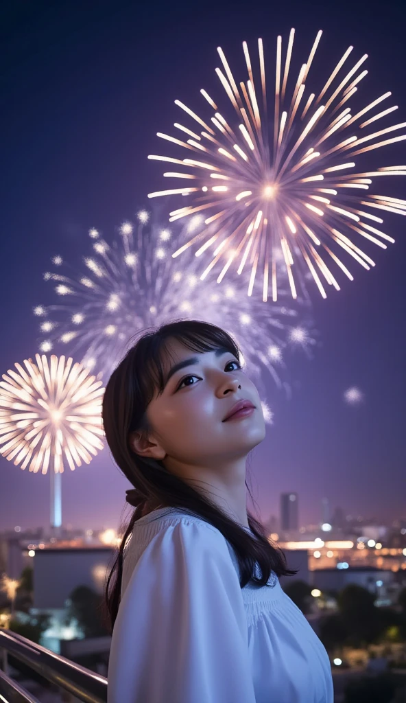 A girl on a Ferris wheel looks at the sky in the distance. Many bright fireworks are being set off in the distant sky.