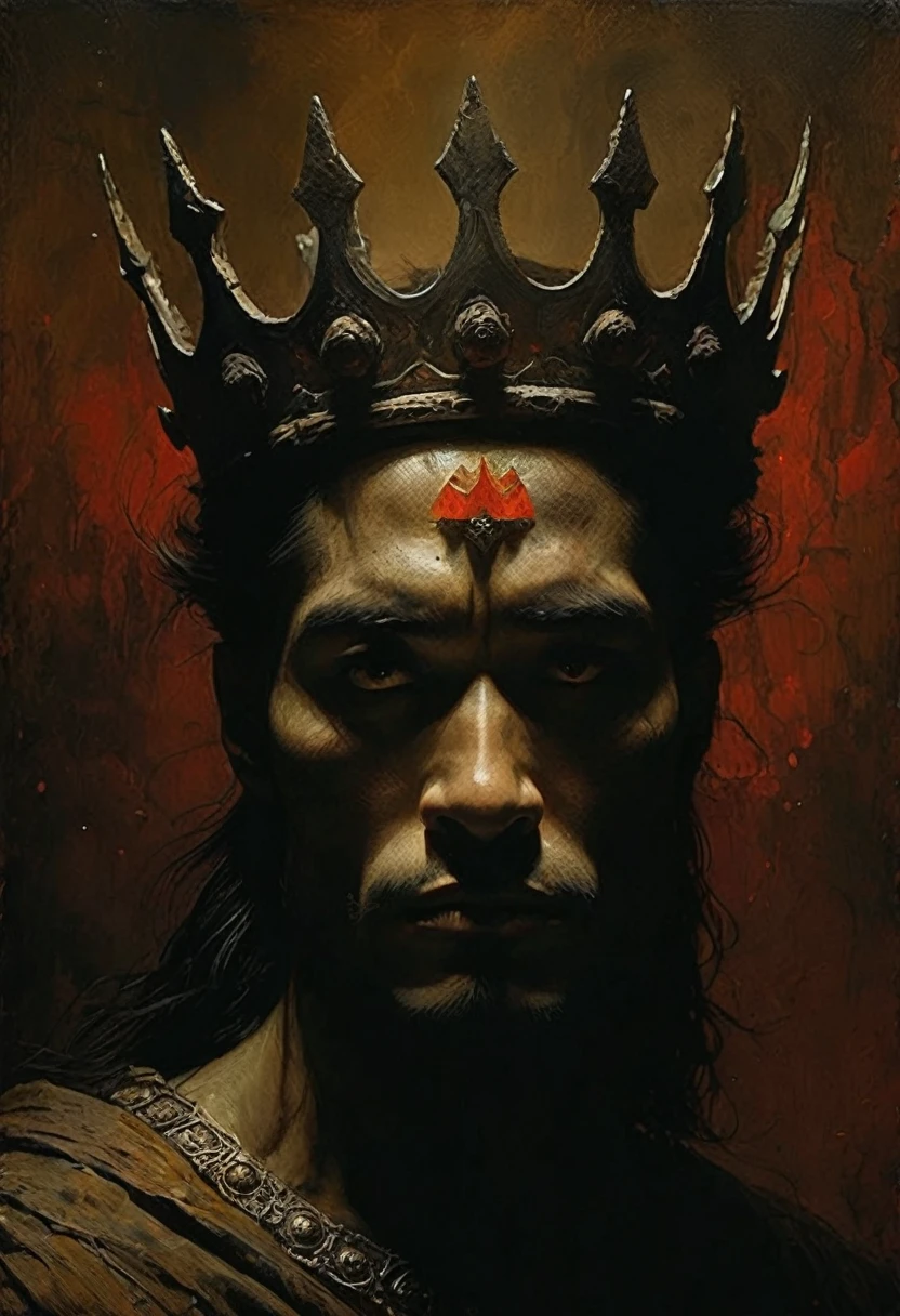 A dark, creepy horror film, something out of this world. (Kashchei the Immortal with a crown on his head), an evil but beautiful face, a scary-handsome expressive look in the style of Frank Frazetta, Aykut Aydogdu, Pino Daeni, Charlie Bowett, Albert Joseph Peno, Ray Caesar, Tetsuya Ishida. Zdzislaw Beksinski. masterpiece. Best quality. Beautiful cinematic impressionistic painting in the style of a fairytale background) (Minimalism: 1), original details. Ashley Wood style. Stephen Gammell.
