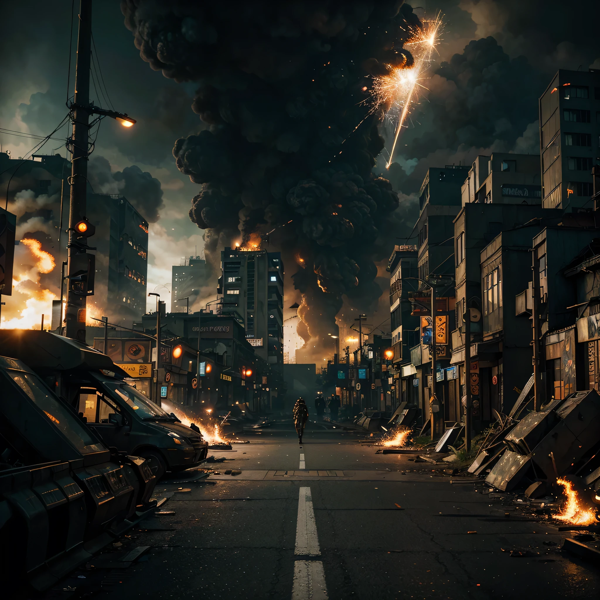 (extremely detailed CG unity 8k wallpaper), (masterpiece), (best quality:1.2), (highres), (illustration:1.1), (cinematic light:1.1), finely detailed, intricate details, (best illustration), 8k resolution, intricate details, best quality, realistic, ultra-detailed, best illumination, best shadow, ultra-HD, cryengine, ultra hd, (detailed reflection), detailed shadows, (((intricate details))), smooth, ((perfect shading)), high quality metal texture, metallic luster, highly detailed illustration, (semi realistic:1.6), (wide_shot:1.2), a futuristic city , fire explosion in distance, smoke rising over skyscrapers after nuclear explosion at , wet road, puddle, (((ghost recon inspired))), street view, dynamic camera angle, (warzone), (((high quality detailed ruins))), (depth of field), ((cinematic lighting)), ((horror)), ((dark fantasy)), lovecraftian, spot color, monotone, red, splashing blood, (best illumination), (hyper intricate details), ((ultra-detailed)), 4k unity, (extremely detailed CG:1.2), (8k:1.1), ((landscape view)), Artstation, ((by sui ishida, by Wenjun Lin, by stefan morrell)), dystopian art, apocalypse art, ((semi-realistic)), (realism), (dynamic), (nixeu_basic2:0.5),
