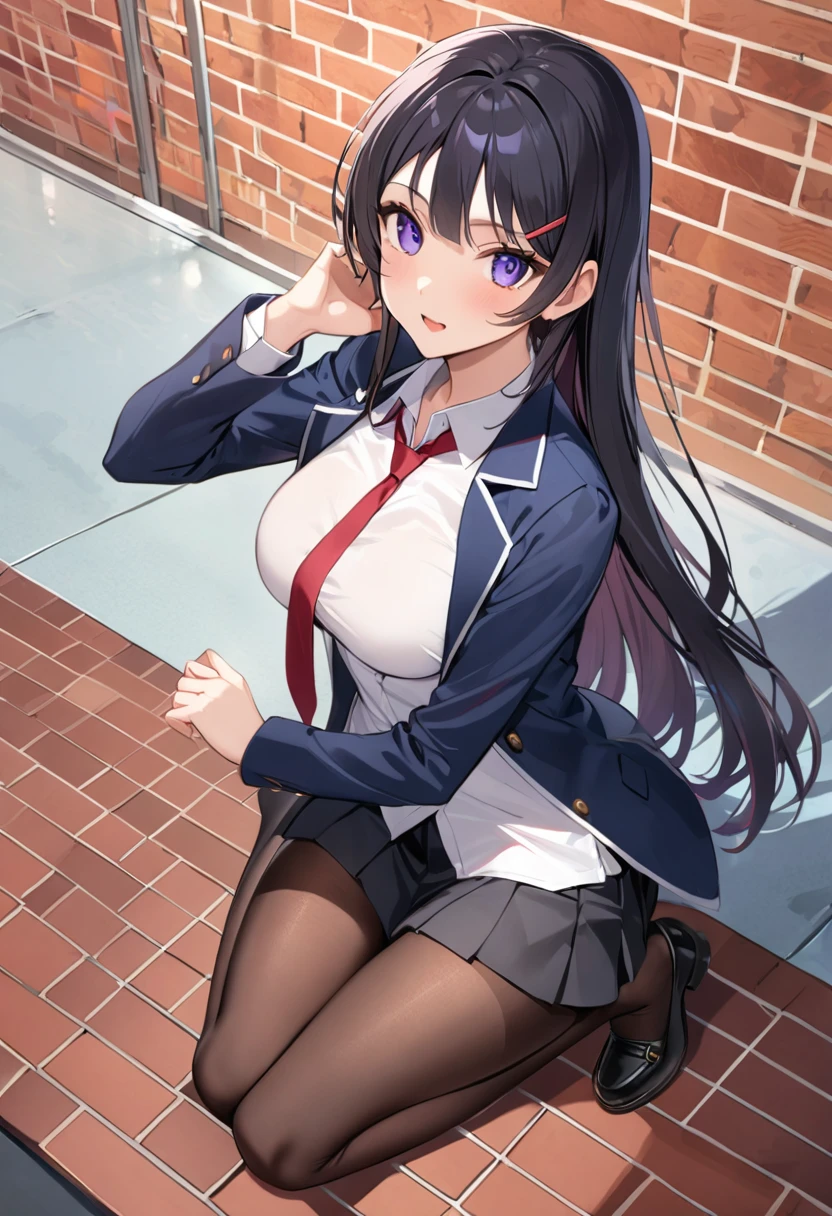 Mai Sakurajima、Long Hair、bangs、Black Hair、Purple Eyes、skirt、shirt、Student Uniform、白shirt、Short sleeve、pantyhose、プリーツskirt、襟付きshirt、青いskirt、黒pantyhose、Red tie、jacket、茶色のjacket、