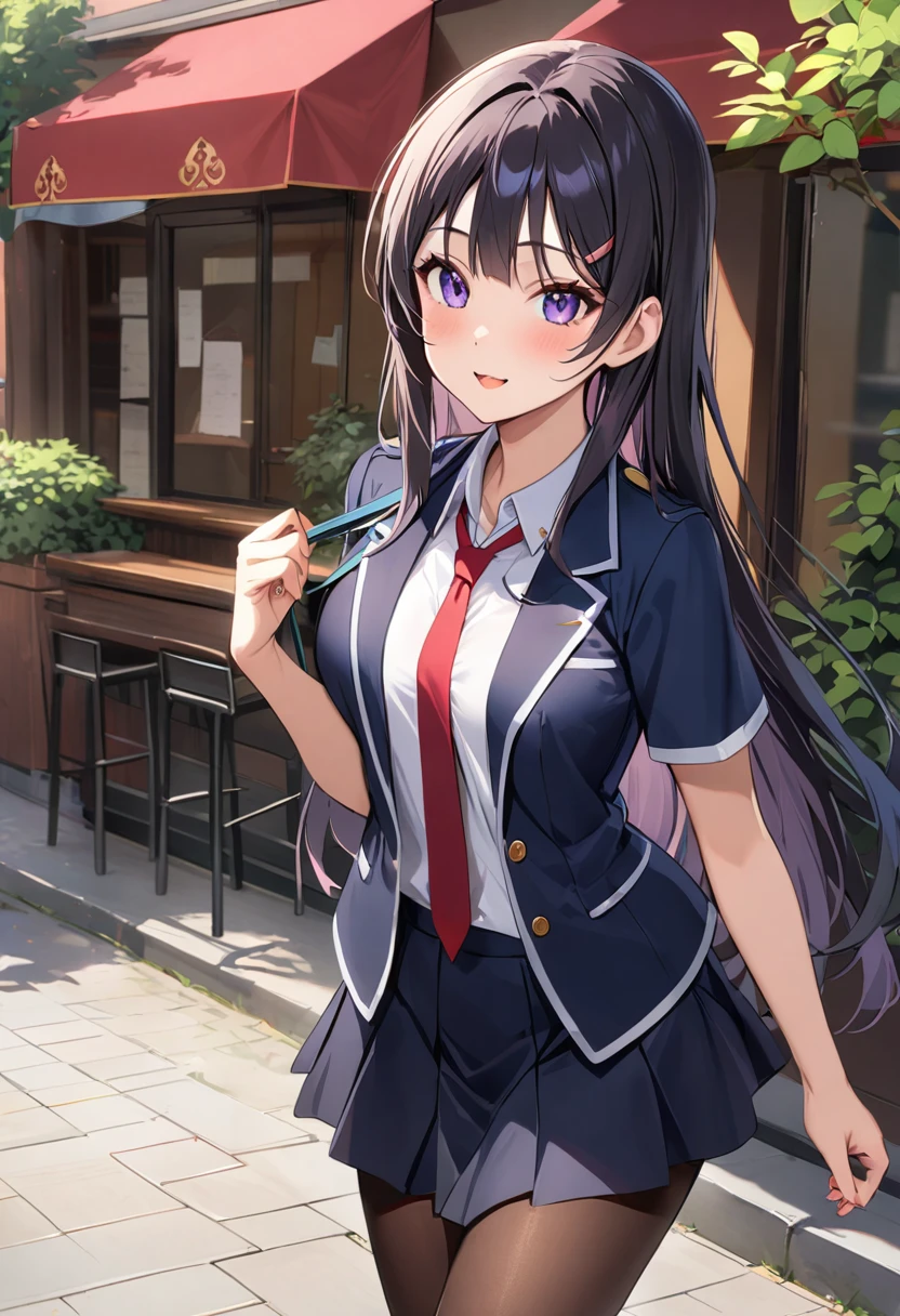 Mai Sakurajima、Long Hair、bangs、Black Hair、Purple Eyes、skirt、shirt、Student Uniform、白shirt、Short sleeve、pantyhose、プリーツskirt、襟付きshirt、青いskirt、黒pantyhose、Red tie、jacket、茶色のjacket、