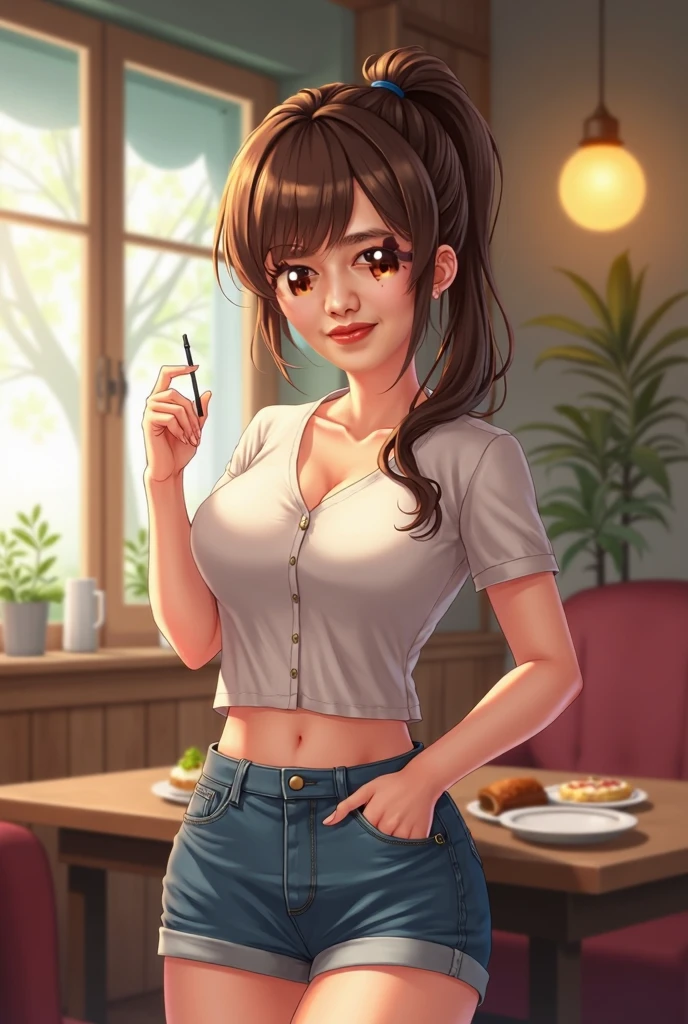 attractive korean woman, ripped muscle, muscular body, small breast, pale skin, smile(blush), nude, thin necklace, sixpack abs, [ultra detailed skin:1.2], brown hair, wavy hair, 8k uhd, full body, stand, crowd, public, night, office,