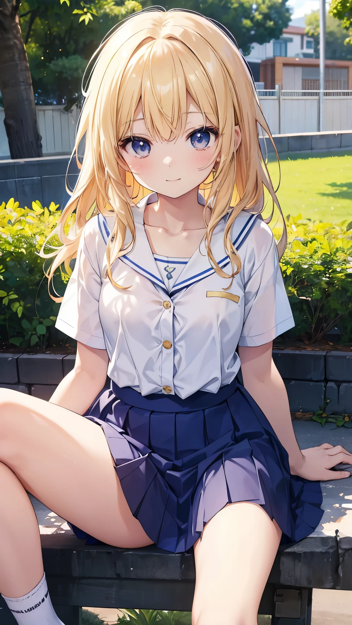 highest quality、Super Resolution、8K,(masterpiece:1.3), (Absurd:1.3), (highest quality:1.3), (Very detailed:1.3), One girl, View your viewers, smile, Outdoor,Photographed from the perspective of looking up at her feet, Summer sailor uniform,ailor collar,、Sit on a bench、She spreads her legs and shyly shows her panties、She shows off her white frilly panties to the viewers.、