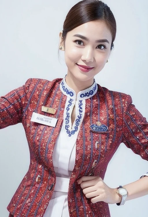 photo of a woman, lionair uniform, solo focus, masterpiece, hand on hips, posing for a photo,  (detailed face), simple white background, medium shot 