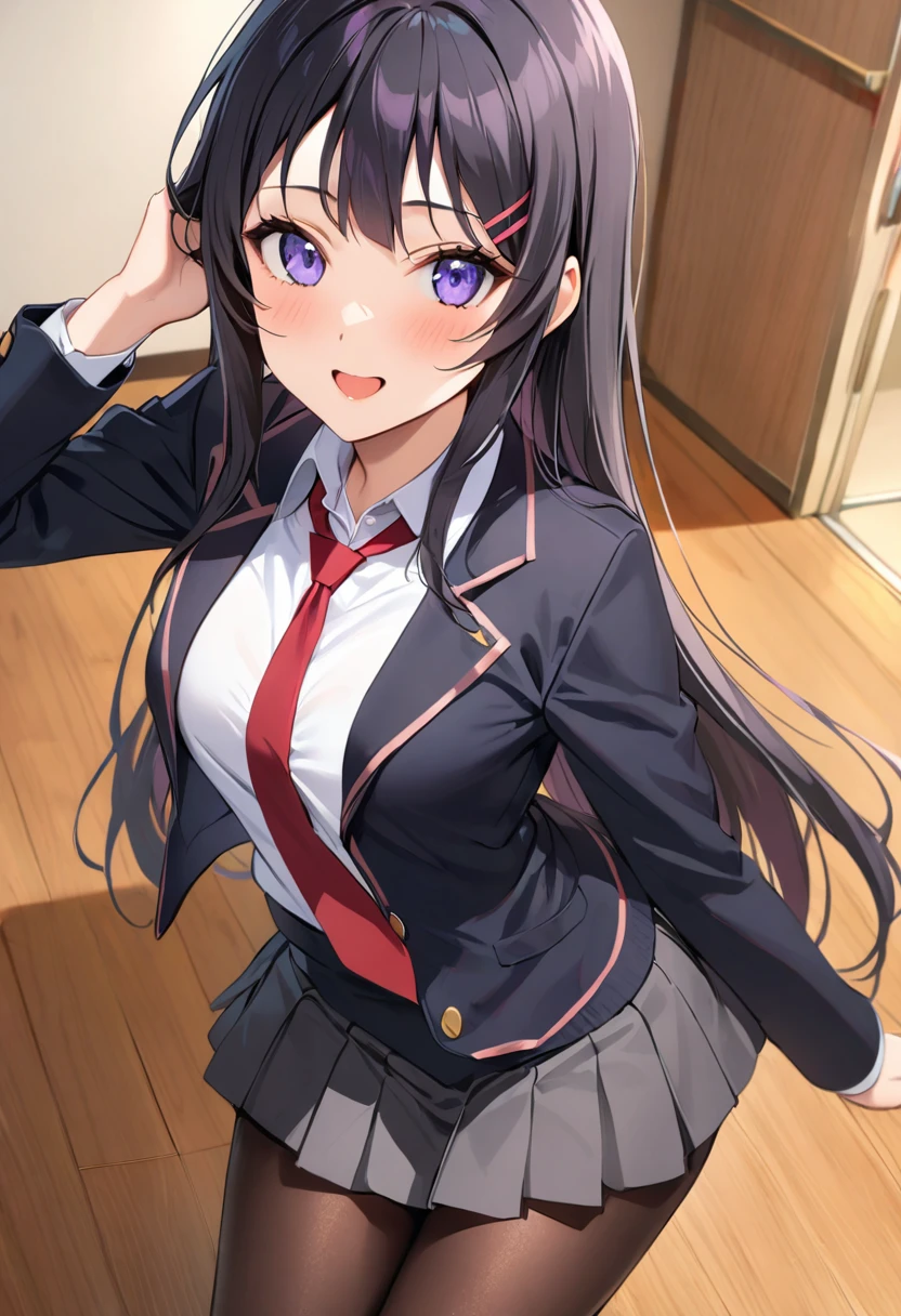 Mai Sakurajima、Long Hair、bangs、Black Hair、Purple Eyes、skirt、shirt、Student Uniform、白shirt、pantyhose、プリーツskirt、襟付きshirt、青いskirt、黒pantyhose、Red tie、jacket、茶色のjacket、