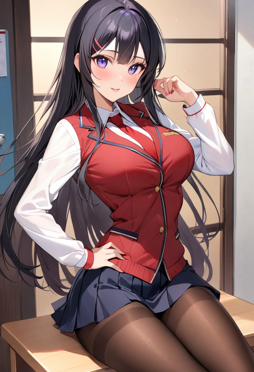 Mai Sakurajima、Long Hair、bangs、Black Hair、Purple Eyes、skirt、shirt、Student Uniform、白shirt、pantyhose、プリーツskirt、襟付きshirt、青いskirt、黒pantyhose、Red tie、jacket、茶色のjacket、