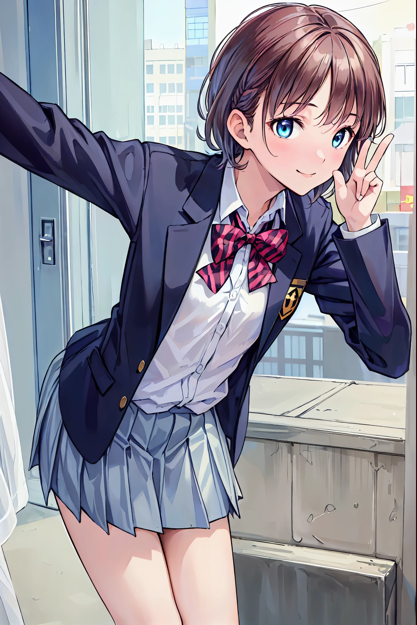 Brown Hair，Shortcuts，Messy Hair，Short braided hair，Neat，Slender beauty，Correct posture，Small chest，Beautiful legs，Her captivating grey-blue eyes shine like stars，Droopy eyes，Vibrant colors,Beautiful Eyes,繊細なsmile,Textured Skin,The best quality at its best,A kind and beautiful woman,Anime Style､，(masterpiece:2.0), (Best Quality:2.0), (hort length high school girl Blazer uniform:1.5), (Side view:1.5), (Sexy pose:1.5), (Red face:1.3), (Realistic:1.5), 1 , Precision small handle, Embarrassed look, smile, Very nice girl, Innocent face, Young Face, Clear Eyes, Shining Eyes, Small box, Beautiful Skin, peace sign，Super Resolution, Highest Resolution, Japanese high school students, Blazer Uniform，Brown Hair, 