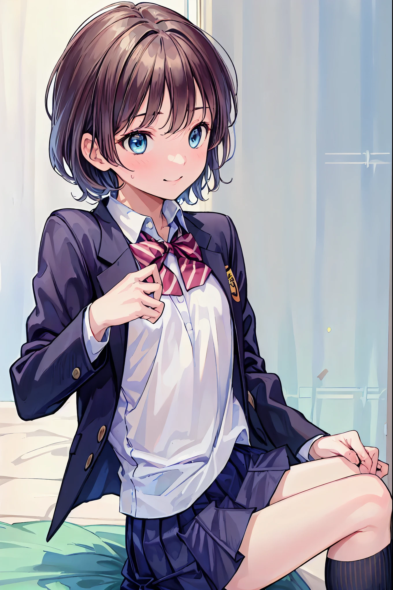 Brown Hair，Shortcuts，Messy Hair，Short braided hair，Neat，Slender beauty，Correct posture，Small chest，Beautiful legs，Her captivating grey-blue eyes shine like stars，Droopy eyes，Vibrant colors,Beautiful Eyes,繊細なsmile,Textured Skin,The best quality at its best,A kind and beautiful woman,Anime Style､，(masterpiece:2.0), (Best Quality:2.0), (hort length high school girl Blazer uniform:1.5), (Side view:1.5), (Sexy pose:1.5), (Red face:1.3), (Realistic:1.5), 1 , Precision small handle, Embarrassed look, smile, Very nice girl, Innocent face, Young Face, Clear Eyes, Shining Eyes, Small box, Beautiful Skin, peace sign，Super Resolution, Highest Resolution, Japanese high school students, Blazer Uniform，Brown Hair, 