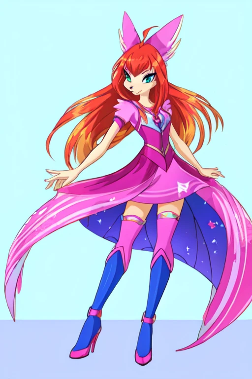 <lora:Bloomv1:0.5>, bloom (winx club), 1girl, blue eyes, bow, choker, full body, gradient, gradient background, hand on hip, jacket, jewelry, long hair, pink background, shoes, skirt, smile, solo, standing, very long hair