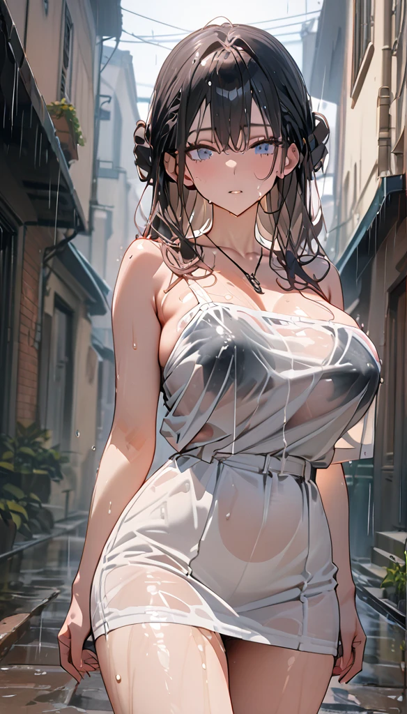 ((Best quality, 8K, masterpiece:1.3)), Key Points:1.2, Perfect body beauty:1.4, Hips:1.2, ((Layered Hairstyle, breast:1.2)), (Wet clothes:1.1) , (rain, street:1.3), Bandeau dress: 1.1, Highly detailed facial and skin texture, Beautiful eyes, Double eyelids, Skin Whitening, Long hair, (Residence: 1.3)