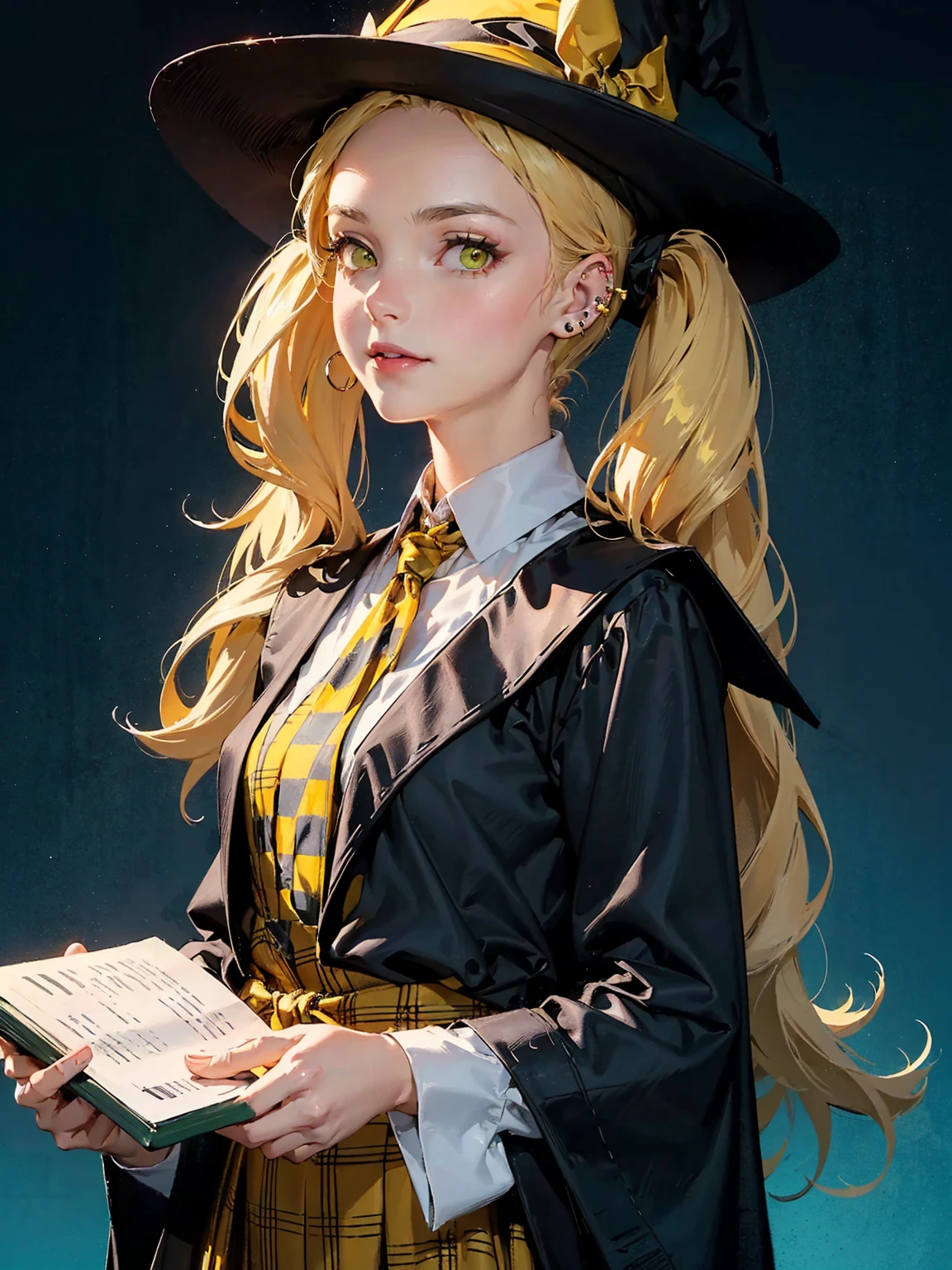 ((Magical world)). ((The young witch's clothing is wearing the Hogwarts School of Witchcraft and Wizardry uniform)). ((Yellow checkered tie)). ((Yellow checkered skirt)). ((Hufflepuff)). Waist up. Smiling. ((Piercings)). ((Accessories)). ((Holding a book)). Surrounded by magic. A realistic young woman with shiny, long blonde hair tied in twin tails. She has distinctive bangs that fall on her forehead, and her ((emerald green super detailed glowing eyes)) shine coldly and sharply, creating a cool and smart atmosphere. Her youthful appearance is characterized by thin eyebrows and thin lips. ((Dark horror)). ((Overall dark)). ((Highest quality)). ((Super detailed)).