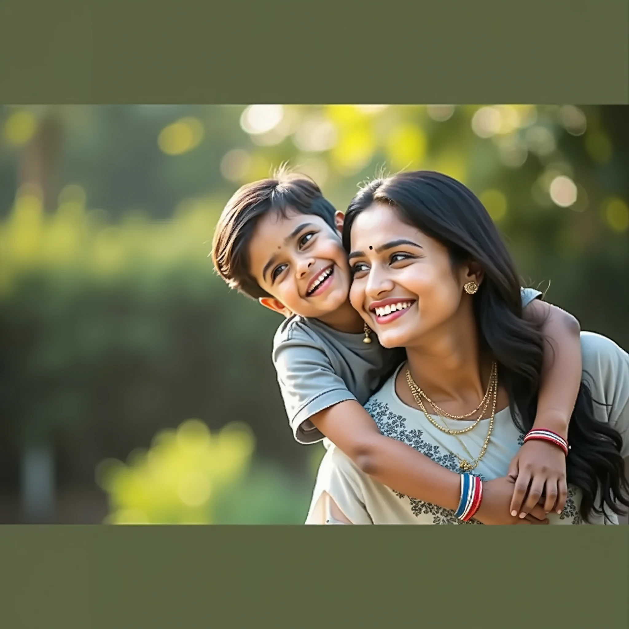 45 years old Black haired srilankan mom dress with lace bodysuit hugs 19 year boy dress with pants,happy ,face to camera ,fullbody,middle of playground ,