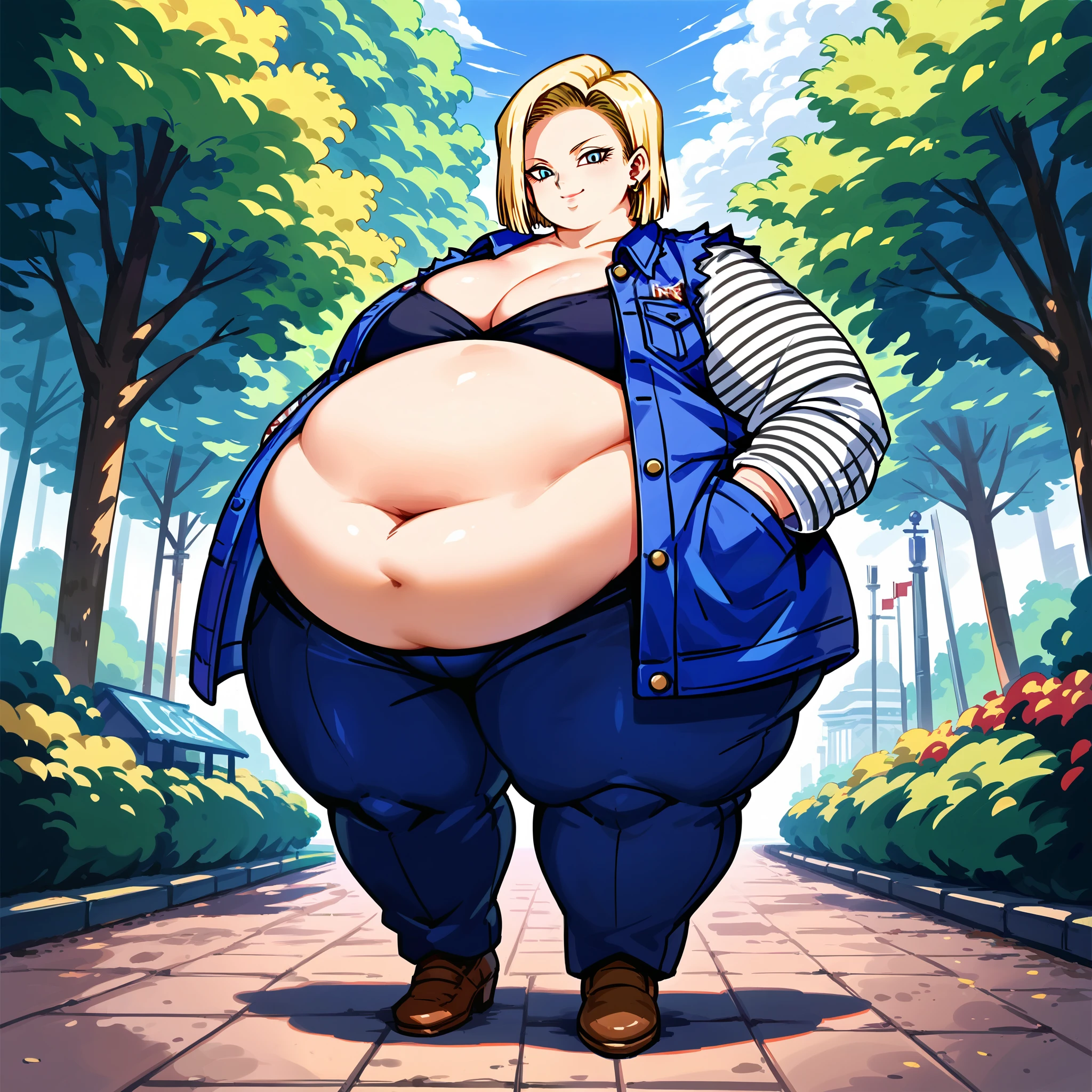 masterpiece, best quality, 1girl, anime girl, obese, voluptuous beautiful, fine, delicate, cleavage, extremely intricate, detailed, blonde hair, large breasts, milf, lipstick, jacket, blue eyes, ((masterpiece)), extremely detailed, best quality, high resolution, ((at a park)), Android 18, smile, fat, chubby, obese, full body shot