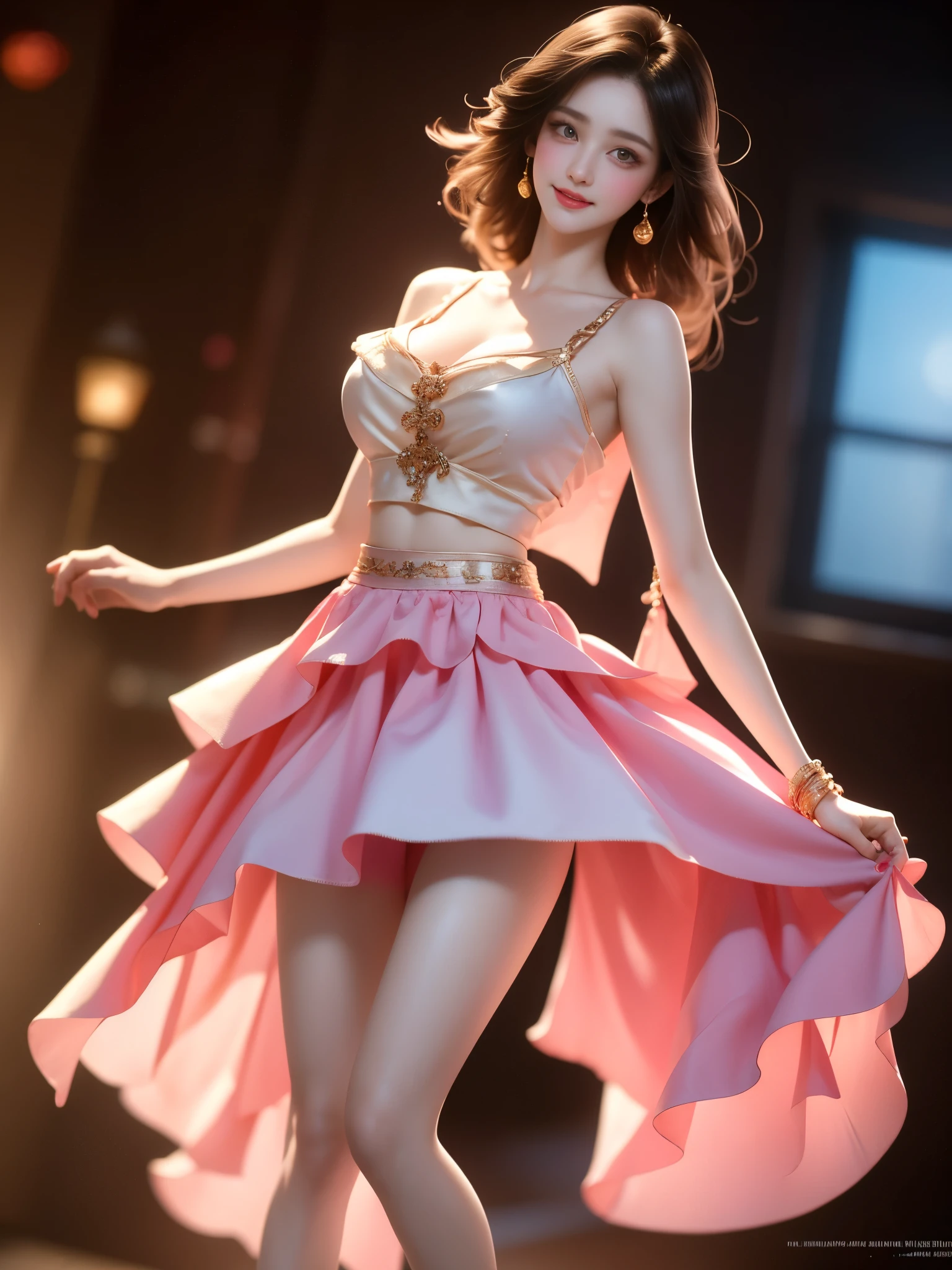 newchinesestylesuit, ((Bare shoulders)), ((Full breasts)), ((Very big breasts)), ((The skirt is very short)), ((Very beautiful legs)), ((Standing)), ((cowboy shot)), actual, Fashion Girl, red lips, Mature women, Exquisite makeup, big eyes, beautiful, (best quality, masterpiece:1.2), Super detailed, (actual:1.37), ((Random Scenes, Random shooting angle)), Young and energetic, Charming model, (Exquisite eyes, delicate lips), Show a bright smile, Create stunning girl images, warm color, Extremely saturated colors, Official Art, Extremely detailed CG, Unity 8k Wallpaper, (High Dynamic Range :1.4), (Movie atmosphere),(Soft colors), (Natural skin texture, ultra-actual, Soft Light, sharp),(Very detailed), night, moonlight, ((Correct Legs)), ((Anatomically correct))