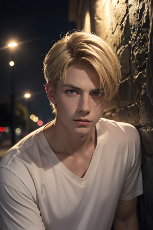 masterpiece, Best Quality, (Perfect Face:1.1), (high detail:1.1),male，Handsome,Blonde，Short Hair，Pale red eyes，midnight，Detailed landscape，Dark sky color，Wet Eyes，Outdoor，Marble wall，Lean against the wall，Tired look，Cinema Lighting，Under the street lamp，V-neck shirt
