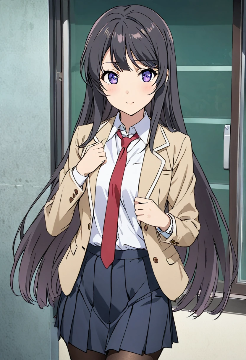 Mai Sakurajima、Long Hair、bangs、Black Hair、Purple Eyes、skirt、shirt、Student Uniform、白shirt、pantyhose、プリーツskirt、襟付きshirt、青いskirt、黒pantyhose、Red tie、jacket、茶色のjacket、