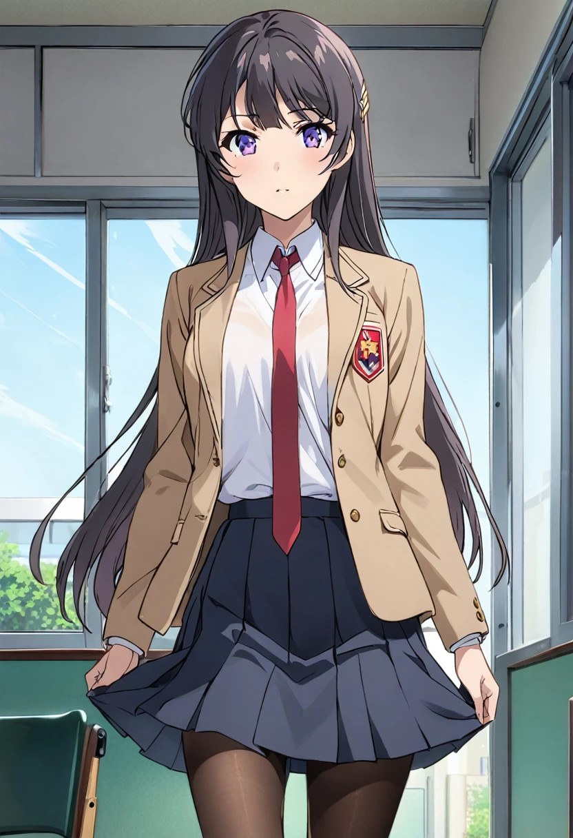 Mai Sakurajima、Long Hair、bangs、Black Hair、Purple Eyes、skirt、shirt、Student Uniform、白shirt、pantyhose、プリーツskirt、襟付きshirt、青いskirt、黒pantyhose、Red tie、jacket、茶色のjacket、