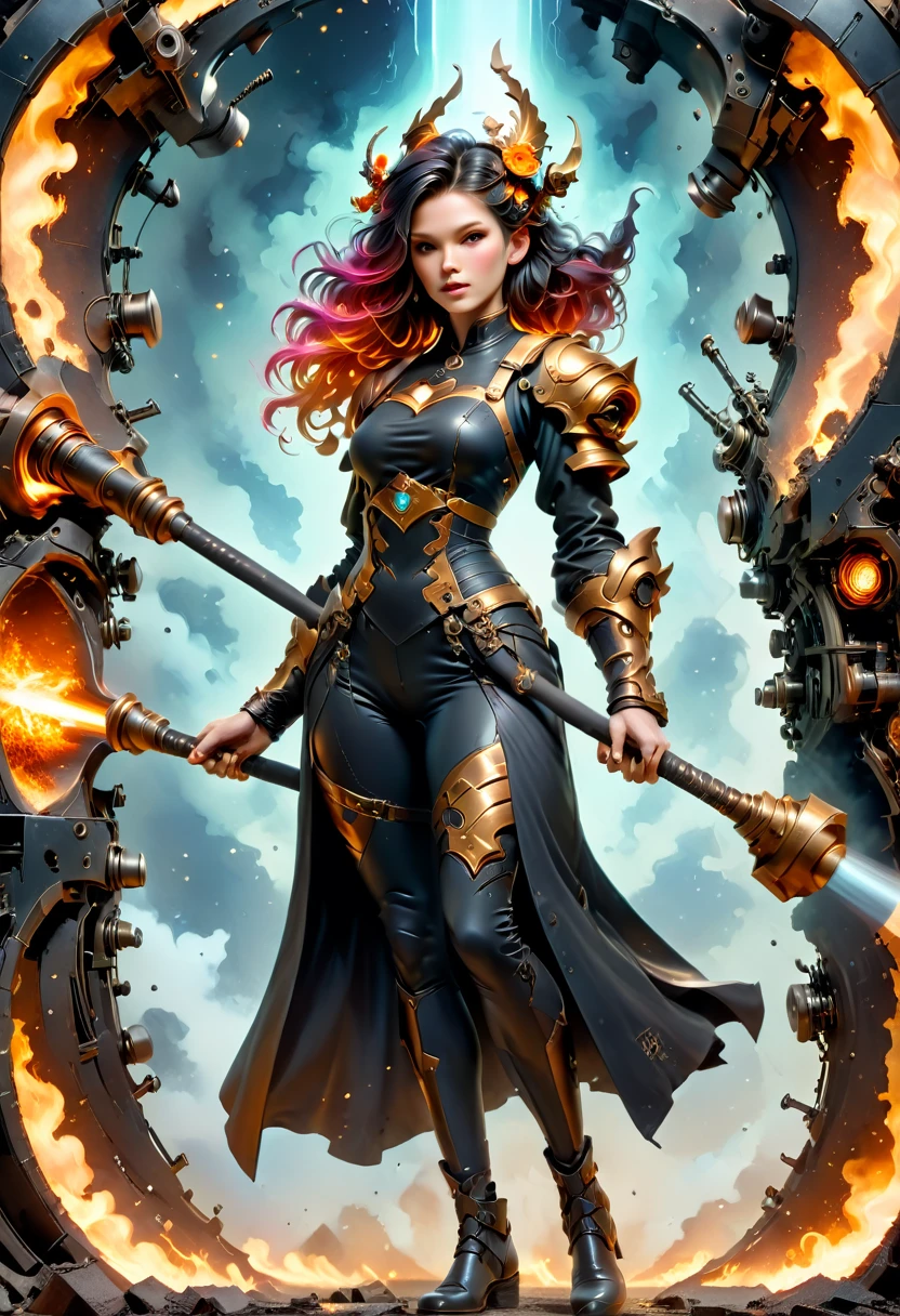 (sfw), (wide angle), 1woman, goddess of the forge, Hephaestus, ((blacksmith woman)), middle-aged woman in her 40s, slim well toned physique, ((medium length wavy with crimson roots fading to black tips)), burn scars on chest and arms, (wearing leather apron, apron with glowing symbols), (tight black button up shirt) , (wearing skin tight white leggings), ((swings a huge smithy hammer in one hand, over her head)), smith's hammer is glowing green, she stands at an angelic anvil, (set inside a massive robotic factory:1.37), ((high resolution)), intricately detailed facial features, detailed piercing eyes, refined jawline, masterpiece, 8k, ((hyper realistic)), 3/4 profile view, cinematic lighting, dramatic shadows, warm color tones, intricate details, hyper-detailed, battle hammer, hyperkraximalism, spl1th41r, two tone hair,