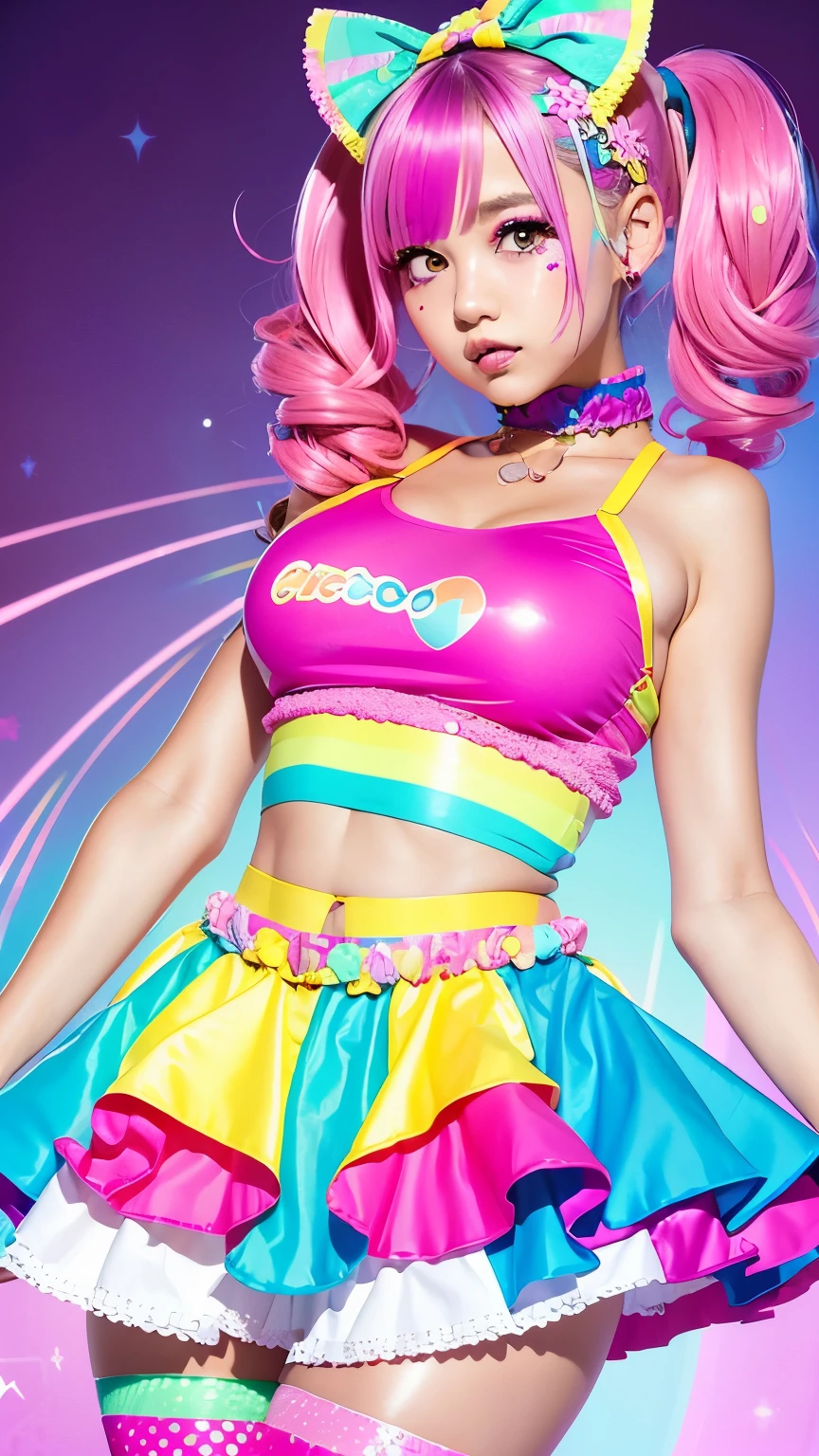 motor irreal:1.4,UHD,La mejor calidad:1.4, fotorrealista:1.4, textura de la piel:1.4, obra maestra:1.8,Chica Alafe posando con un traje colorido para la foto, y 2 k cutecore clowncore, kawaii decora rainbowcore, Kawaii HQ render, chica caramelo,Housewives:1.4,helado:1.4,Decora Inspired, motor irreal : : Maquillaje rave, Chica raver, Chica rave:1.4, (Disfraz rave:1.4), Chica glitchpunk, soda themed girl, Playful and cheerful, Estilo pinup ochentero ,(detallado:1.4),(Kinematic:1.4),(manos Detailed1.4),