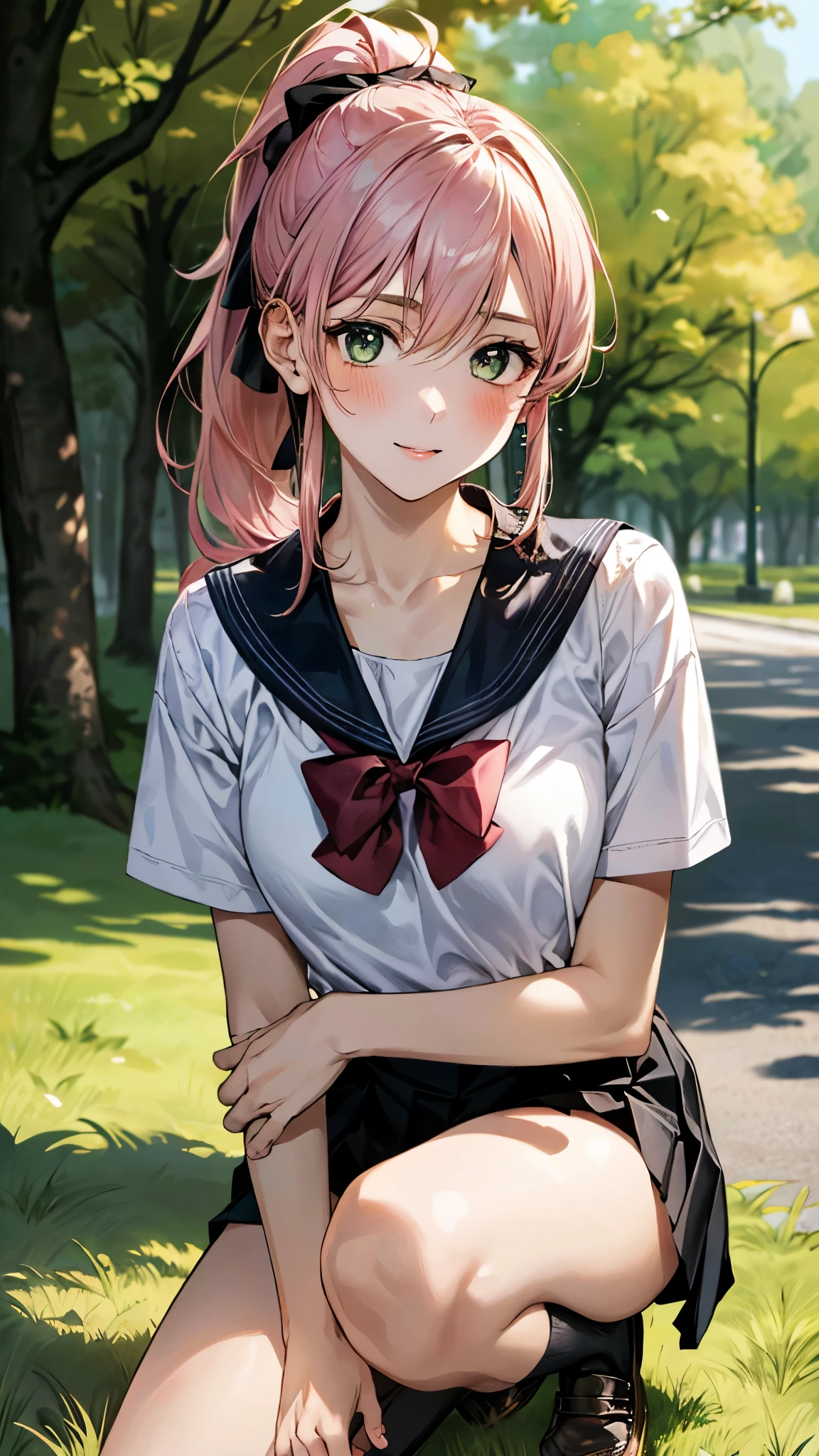 ((masterpiece)), (top-quality), (detaileds), (1 rapariga), (Panchira:1.2), It's a sitting bench, Pink Sailor Suit,, (a closed mouth:1.2), irate,Big breasts、Show underwear、Disgusting face、The wind twists the skirt、Exposing underwear、Spread legs,morning,