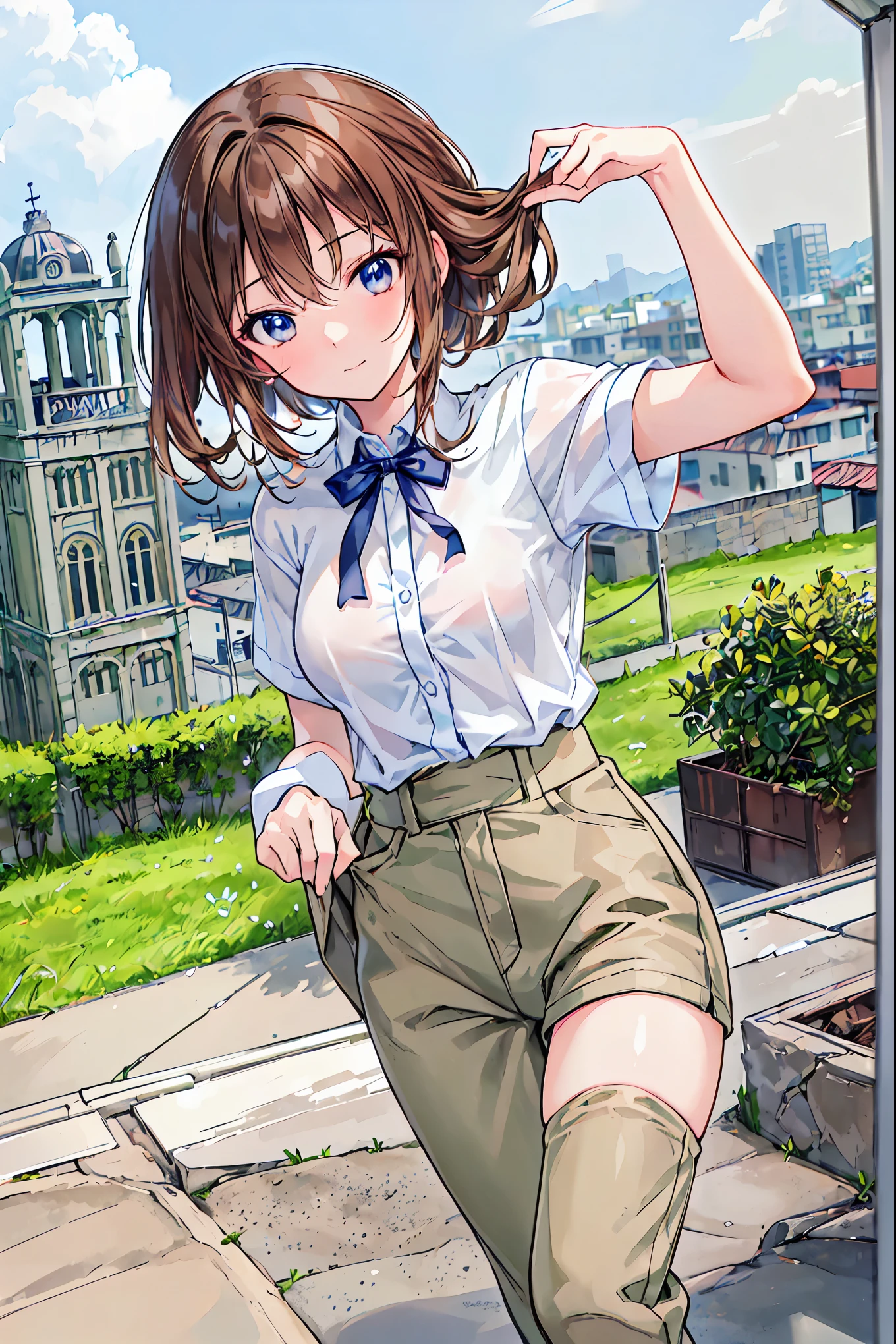 ((masterpiece)), (anime:1.5), ((Best Quality)), (RAW Photos:1.2), (High resolution:1.3), (Professional photography:1.2), (Chromatic Aberration), One Girl, (()), (Serious), (Beautiful brown eyes:1.3), View your audience, Plain Shirt, O-ring, Messy Hair, Medium Hair, (Put your hands in your pants), ((Take off your work pants)), 明るいBrown Hair, (Small breasts), Cute waist, Outdoor, ((Top of the big bell tower)),Brown Hair,Shortcuts,My hair is messy,Short braided hair,Neat,Slender beauty,Hall々A positive attitude,Small breasts,Beautiful legs,Her enchanting grey-blue eyes shine like stars.,Vibrant colors,Beautiful Eyes,A delicate smile,Textured Skin,Best Qualityのものが最高,Gentle and beautiful woman,anime風、