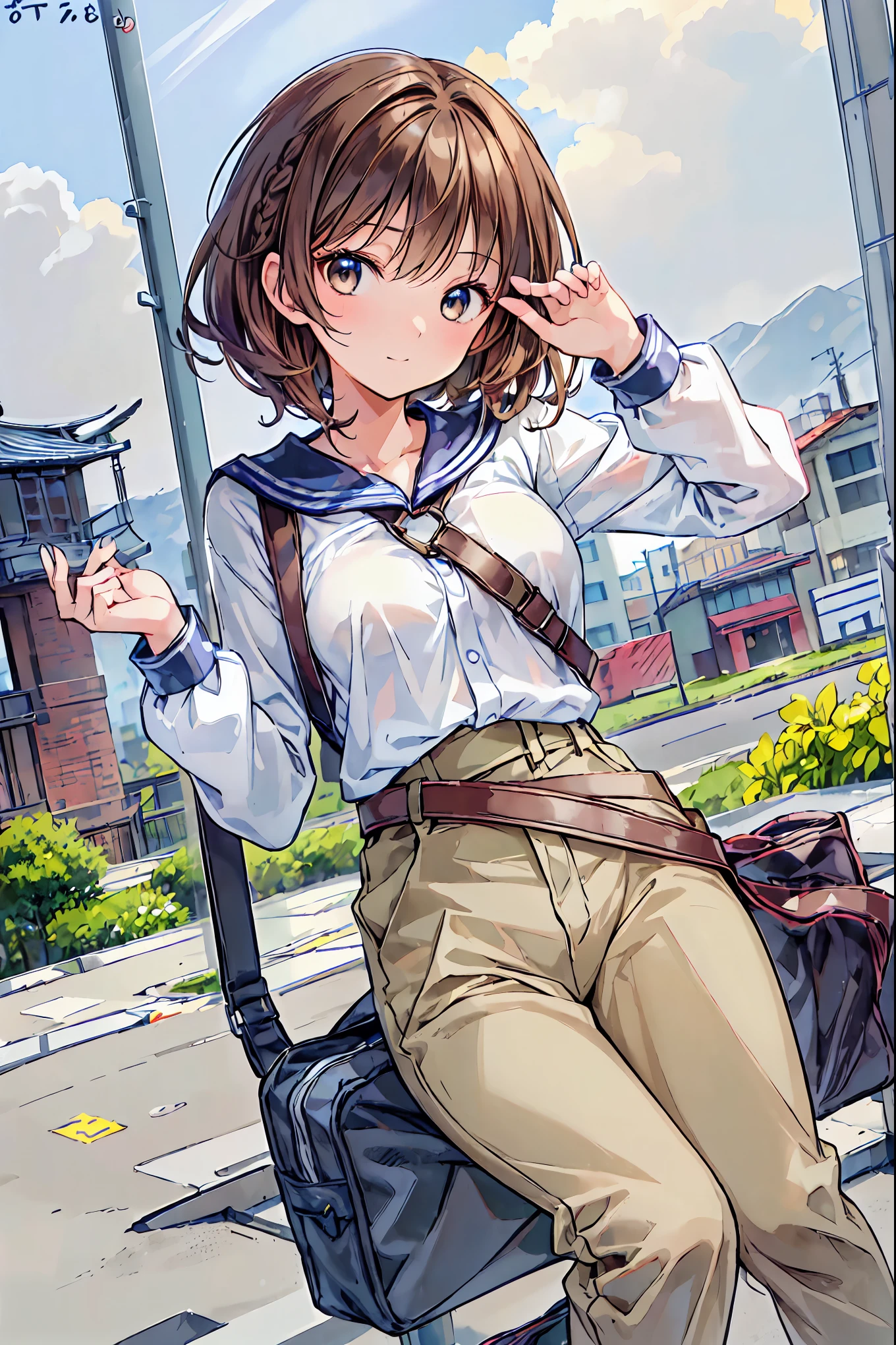 ((masterpiece)), (anime:1.5), ((Best Quality)), (RAW Photos:1.2), (High resolution:1.3), (Professional photography:1.2), (Chromatic Aberration), One Girl, (()), (Serious), (Beautiful brown eyes:1.3), View your audience, Plain Shirt, O-ring, Messy Hair, Medium Hair, (Put your hands in your pants), ((Take off your work pants)), 明るいBrown Hair, (Small breasts), Cute waist, Outdoor, ((Top of the big bell tower)),Brown Hair,Shortcuts,My hair is messy,Short braided hair,Neat,Slender beauty,Hall々A positive attitude,Small breasts,Beautiful legs,Her enchanting grey-blue eyes shine like stars.,Vibrant colors,Beautiful Eyes,A delicate smile,Textured Skin,Best Qualityのものが最高,Gentle and beautiful woman,anime風、
