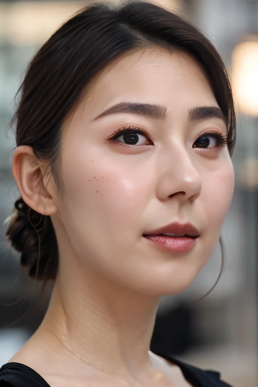 Beautiful Japanese actresses,,1 girl,Tabletop,,Award-winning photography, very detailed, Keep your eyes focused, Nose and mouth,Face Focus, extreme close up of face、Woman with open mouth and closed eyes, Black camisole、,Black-haired、Symmetrical face,Realistic nostrils、Angle from below,White background、Sweaty skin、Lighting that emphasizes glowing skin caused by sweat、((Nose hook))Sweaty, Shiny skin、Glowing Skin、Sweaty hair、sunlight、(Brow wrinkles)((Frowning))((Thin eyebrows))Oily skin、輝くGlowing Skin、Double Eyelid、Wet and shiny tongue、Hair tied up、updo、((Face close-up))Detailed, beautiful and large double eyelid eyes,very detailedな鼻,(Surreal)Surreal detail Shiny skin(detailed, Beautiful and delicate eyes, Double eyelids and long eyelashes)