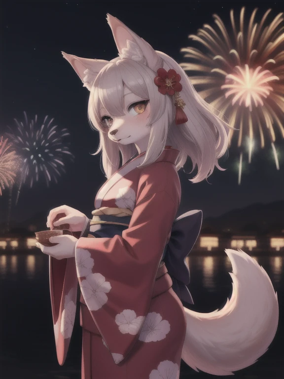 Animal ears girl Floral kimono Big Breasts Night view firework Hot Dog Hold in mouth Turn around Black Hair Slender geta