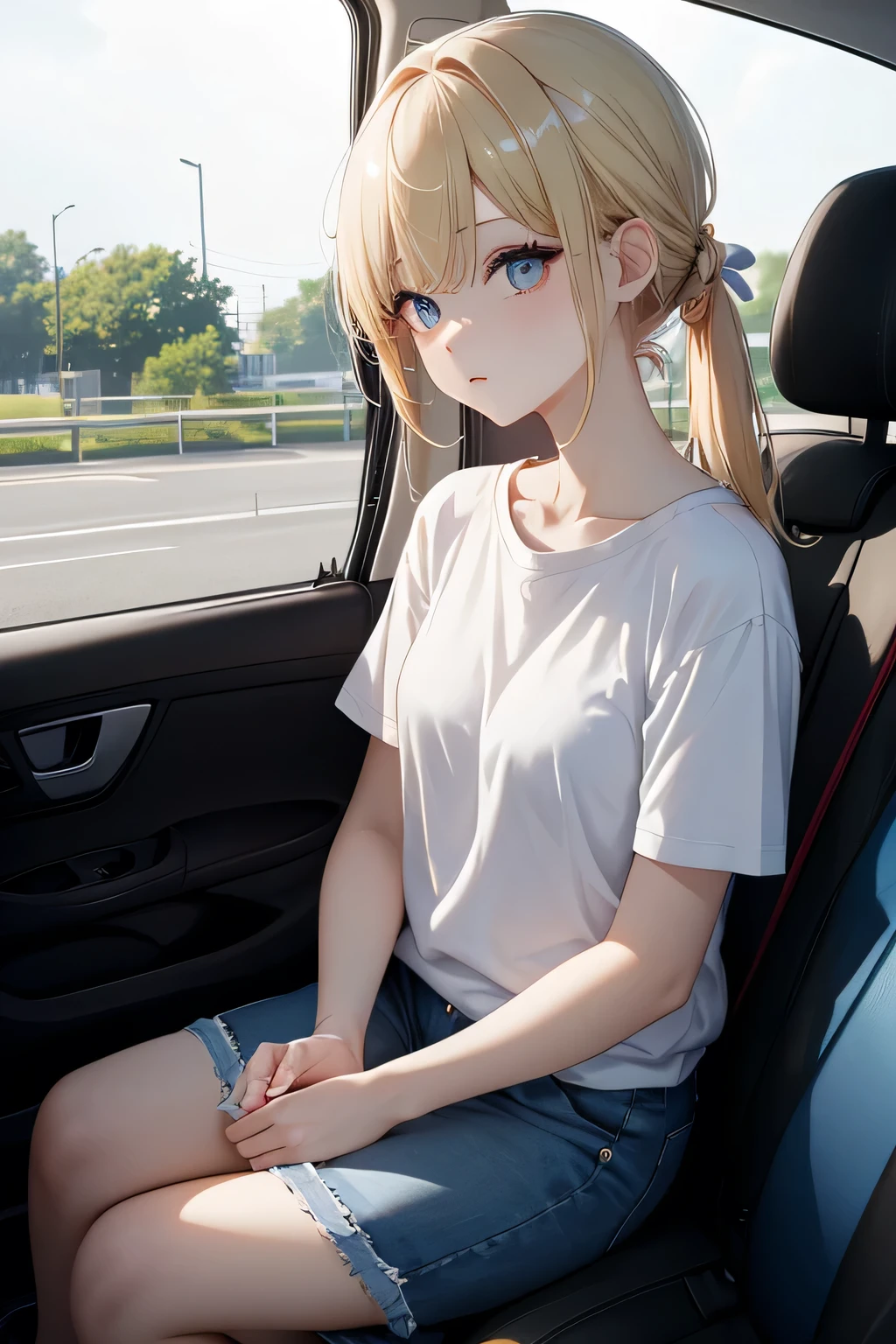 Ordinary passenger car、Blonde hair tied up、A plain white t-shirt with no logo、Blue Eyes、Sitting in the passenger seat of a car、Side angle、