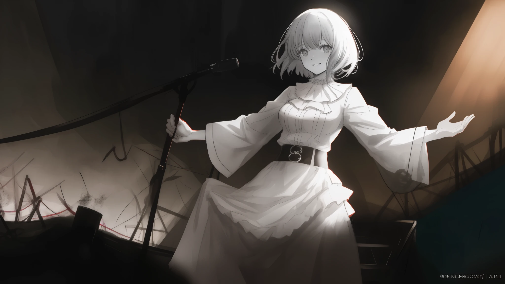 (A ghost with (a pale face and a dress:1.3) wearing no clothes, no shoes, and no accessories, (singing a sad song:1.4), looking (beautiful and tragic:1.2):0.8)