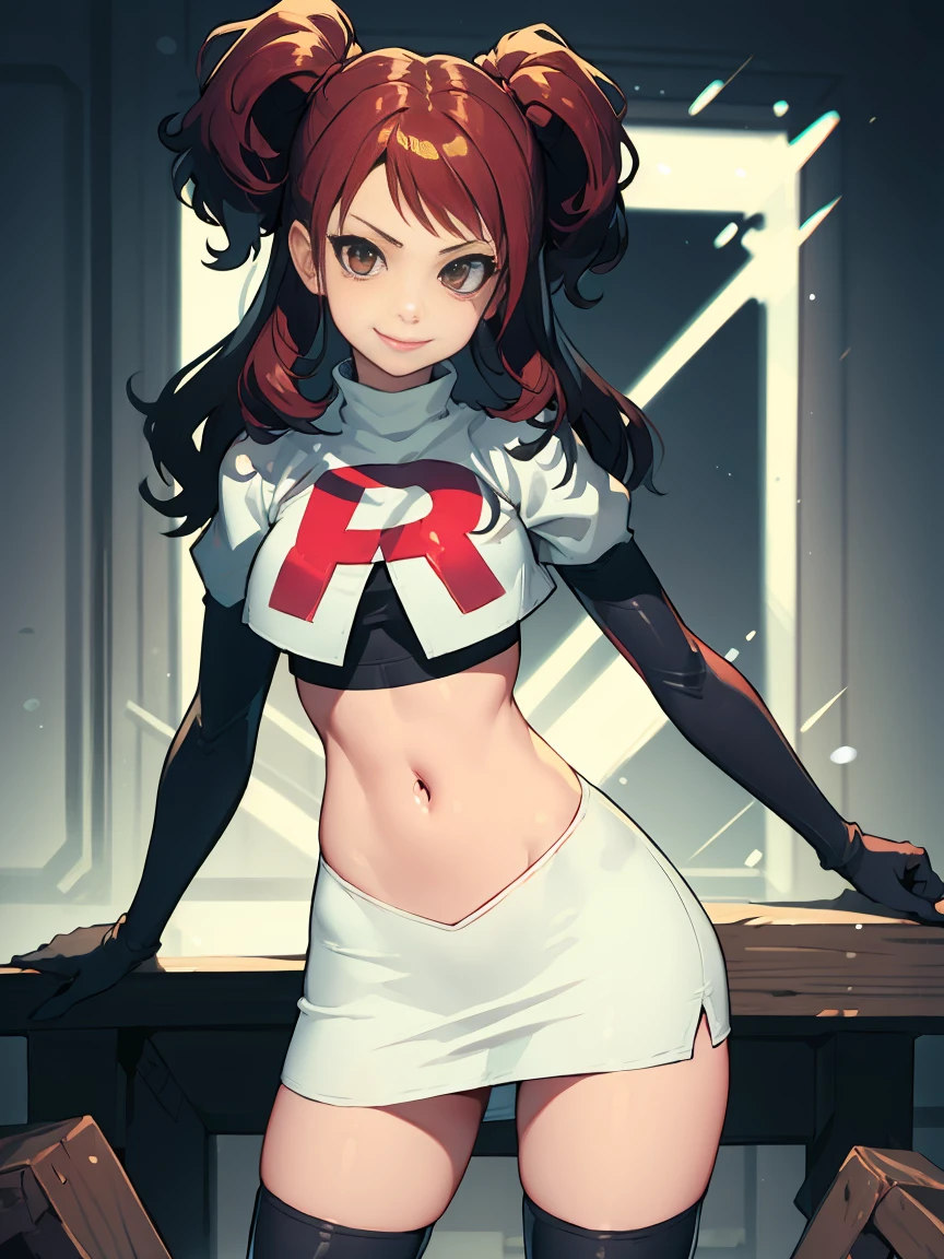 Rise Kujikawa (Persona) ,glossy lips ,team rocket uniform, red letter R, white skirt,white crop top,black thigh-high boots, black elbow gloves, evil smile, looking at viewer, cowboy shot