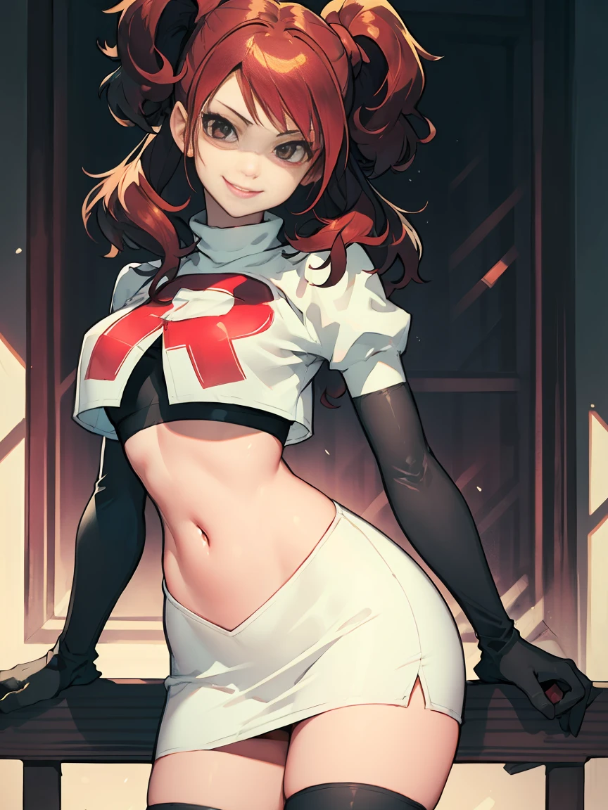 Rise Kujikawa (Persona) ,glossy lips ,team rocket uniform, red letter R, white skirt,white crop top,black thigh-high boots, black elbow gloves, evil smile, looking at viewer, cowboy shot