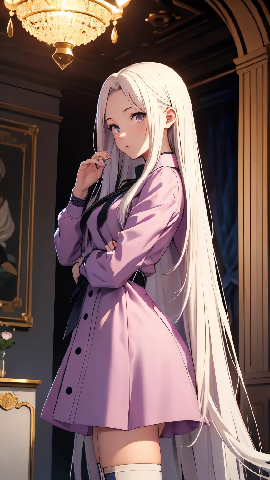 (Best Quality, masterpiece, Ultra-detailed, Extremely detailed, High resolution), 18 year old anime girl, Long white hair, Straight Hair, Parted bangs, magician, green eyes, Long black coat, Pink eyes、Purple clothes, White mini skirt, Knee-high boots、tie, noble, nobleの衣装, beautiful, Mysterious, elegant, First-class, Classic, Royal Buildings, Royal atmosphere