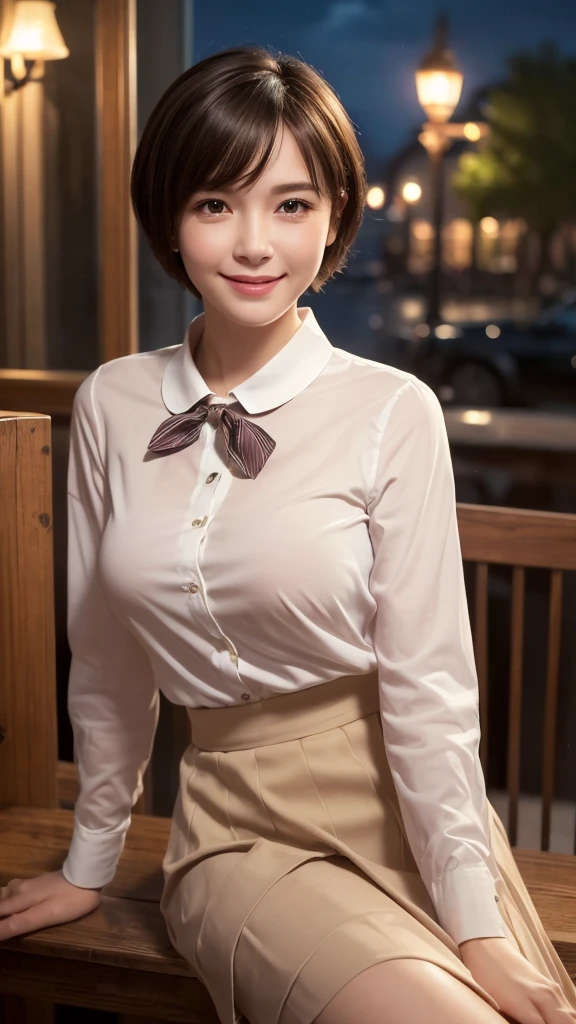(8k, RAW photo, best quality, masterpiece:1.2), (realistic, photo-realistic:1.37), ultra-detailed, 1 girl,cute, solo,beautiful detailed sky,detailed cafe,night,sitting,dating,(nose blush),(smile:1.1),(closed mouth), medium breasts,beautiful detailed eyes,(collared shirt:1.1), bowtie,pleated skirt,(short hair:1.2),floating hair